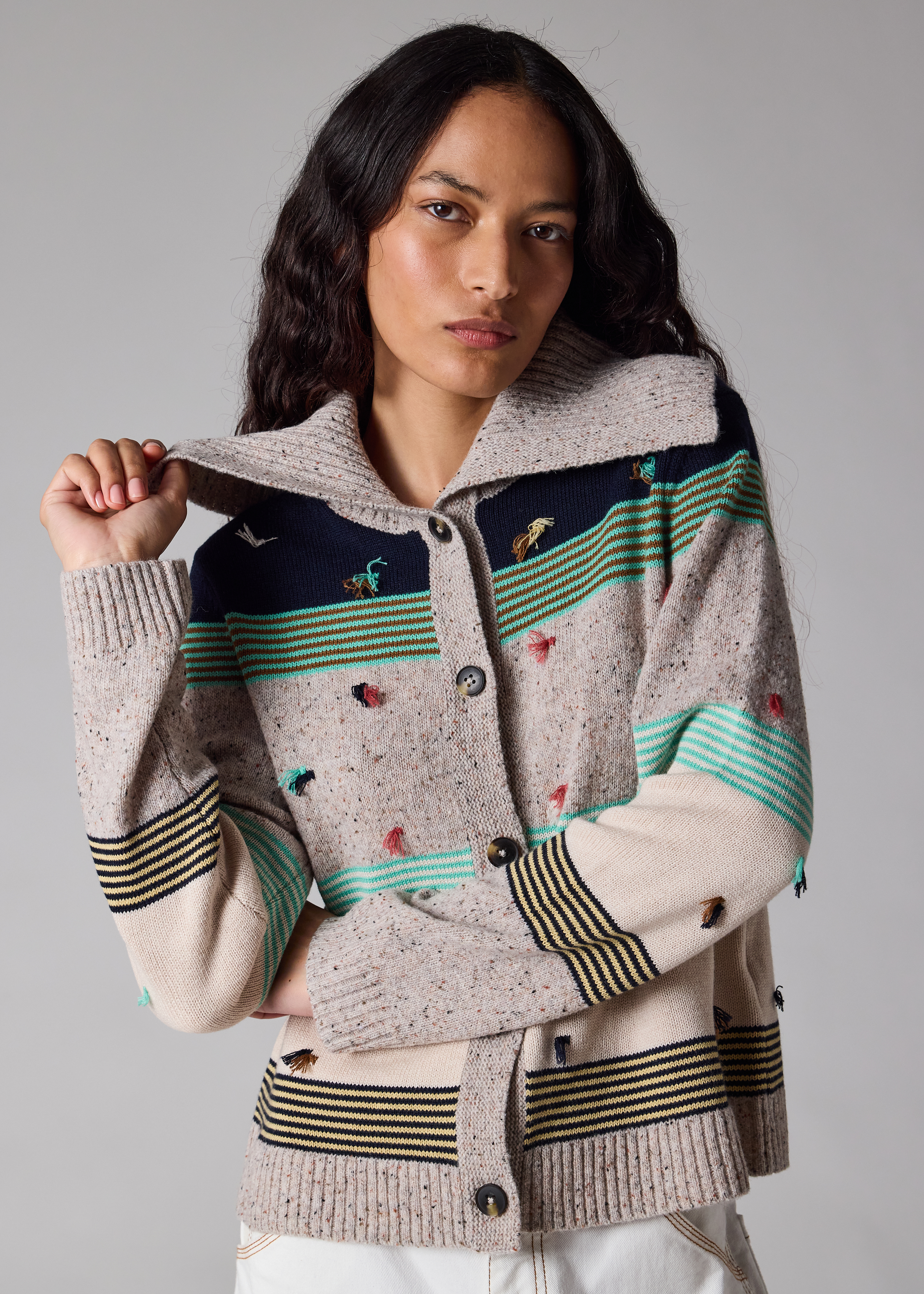 Women's Block Stripe Knit Cardigan with Tassels