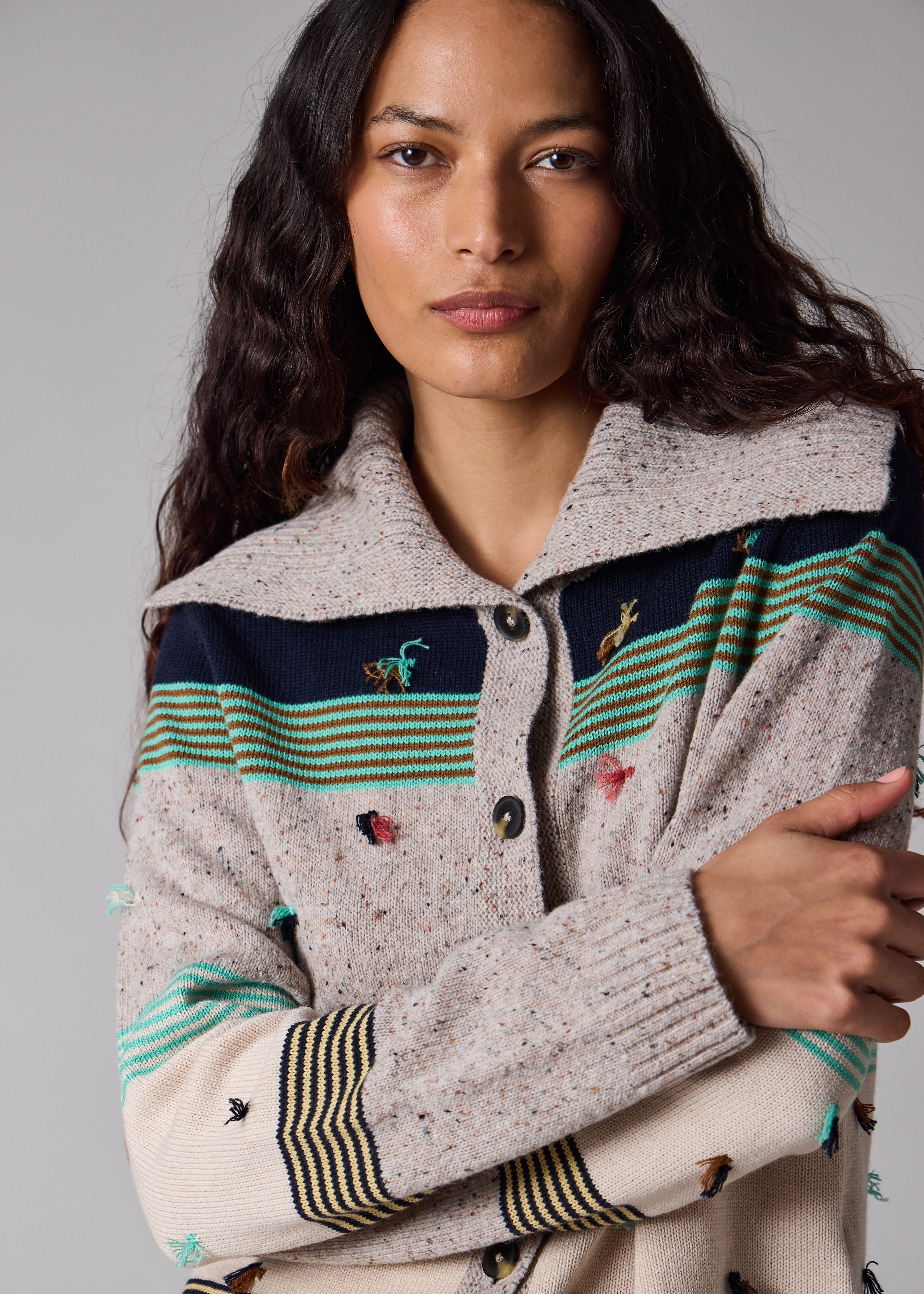 Women's Block Stripe Knit Cardigan with Tassels