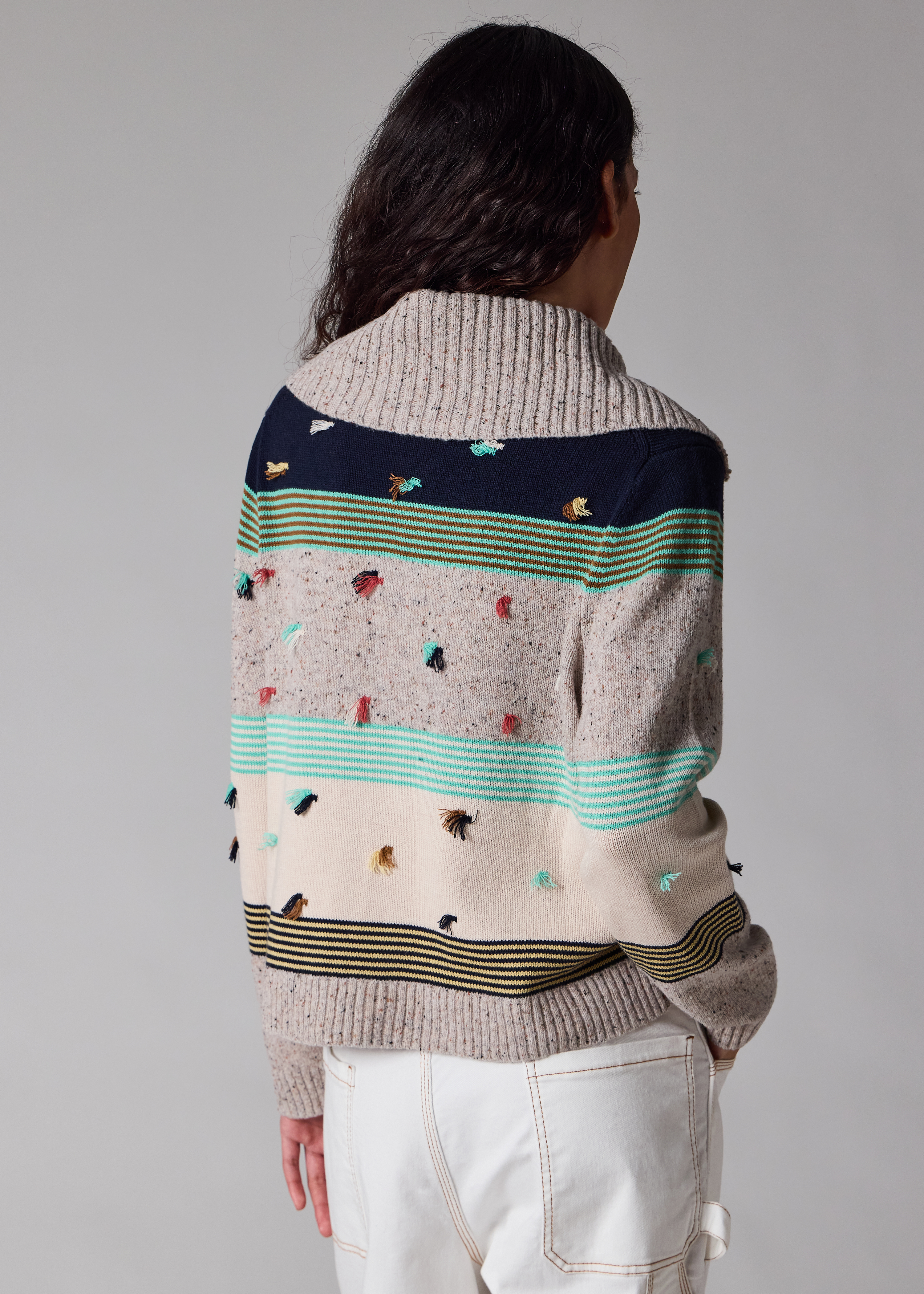 Women's Block Stripe Knit Cardigan with Tassels