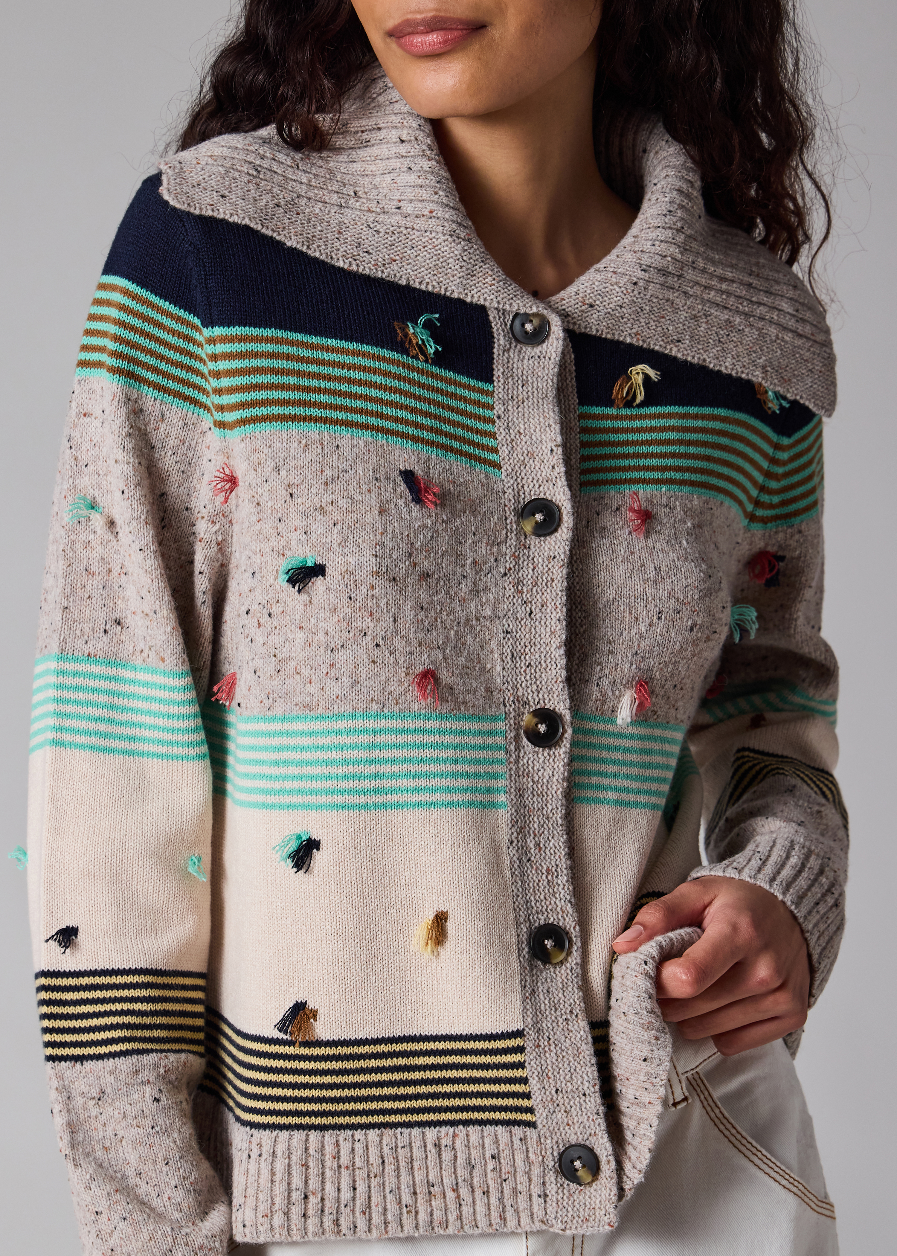 Women's Block Stripe Knit Cardigan with Tassels