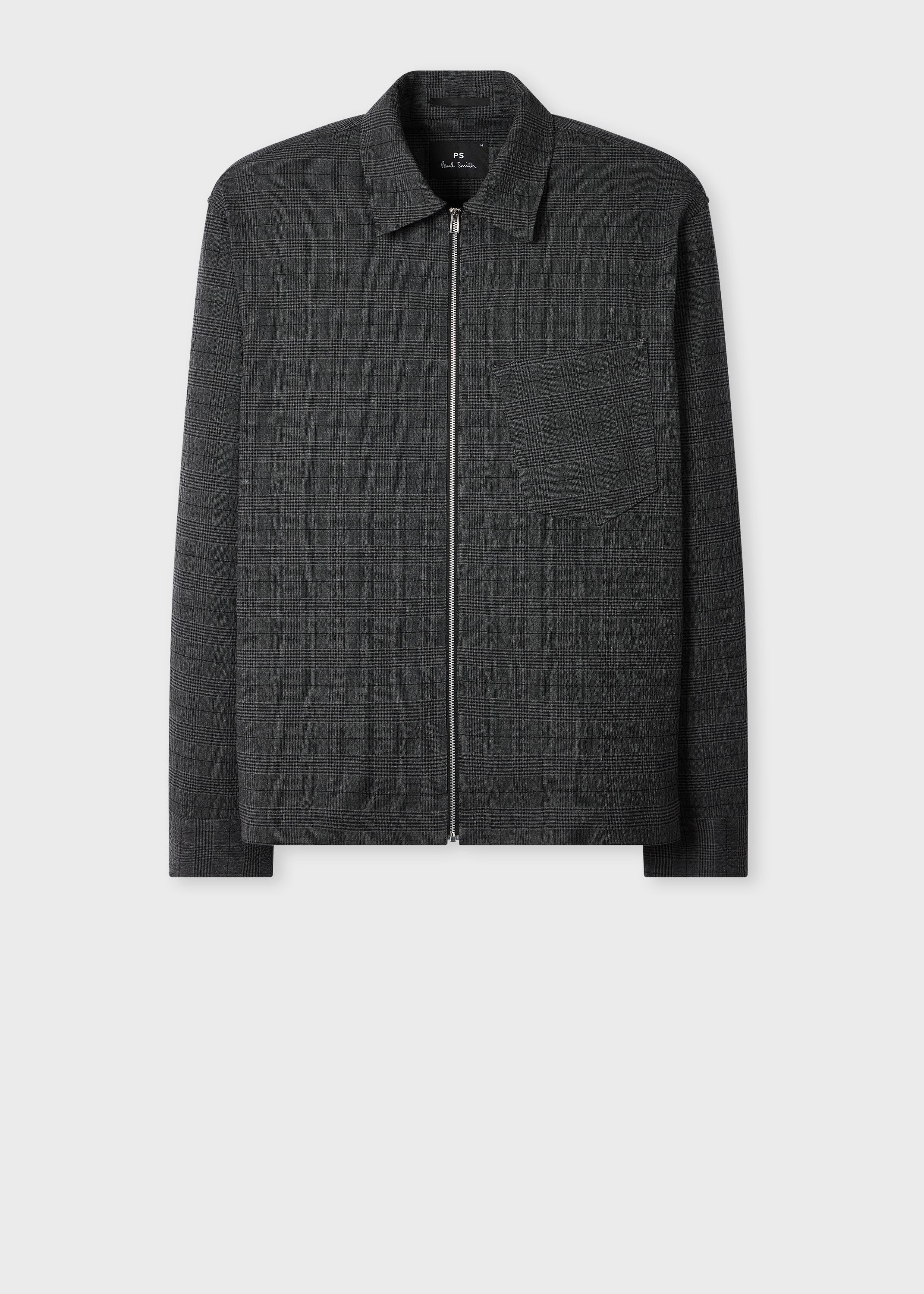 Grey Textured-Cotton Check Zip Overshirt