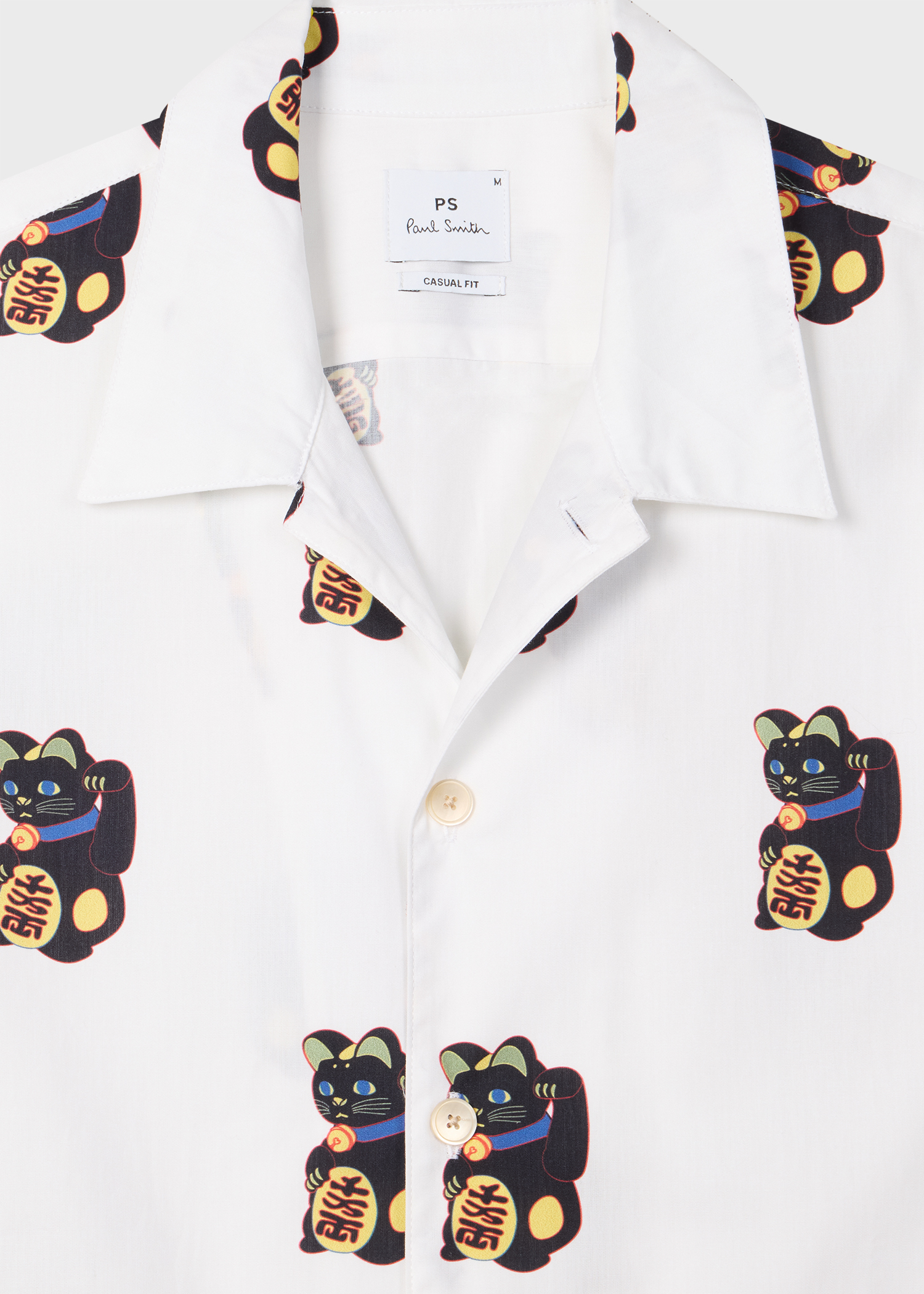 White 'Lucky Cat' Print Short-Sleeve Shirt
