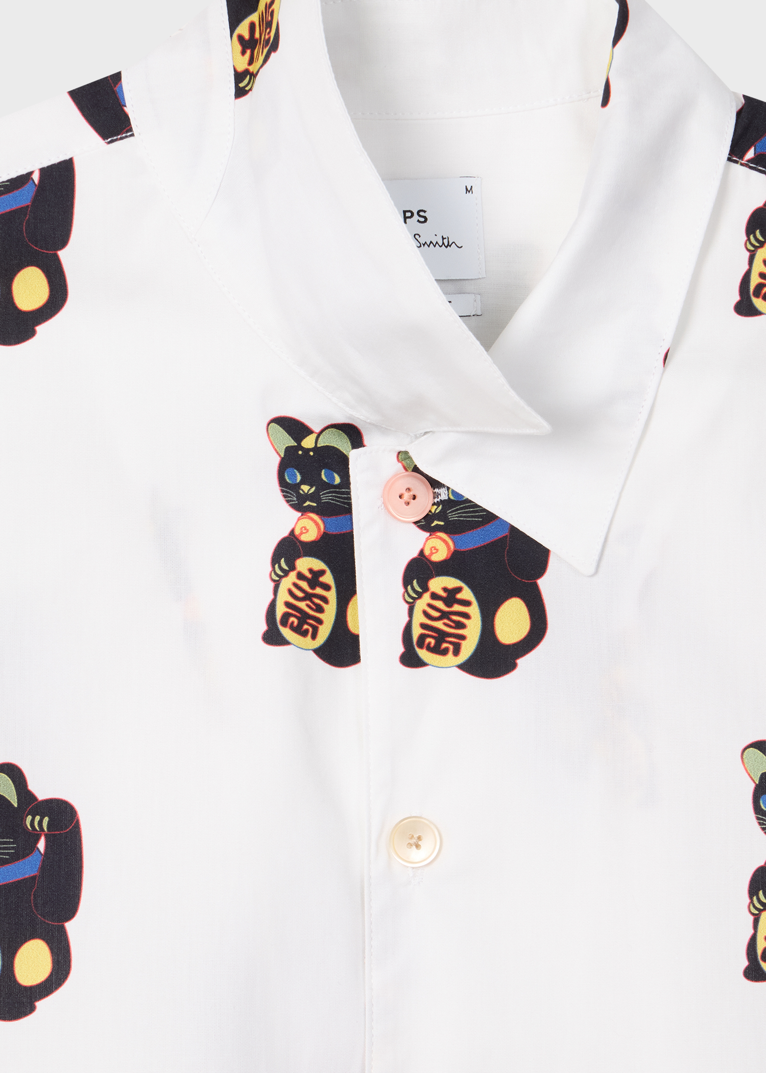 White 'Lucky Cat' Print Short-Sleeve Shirt