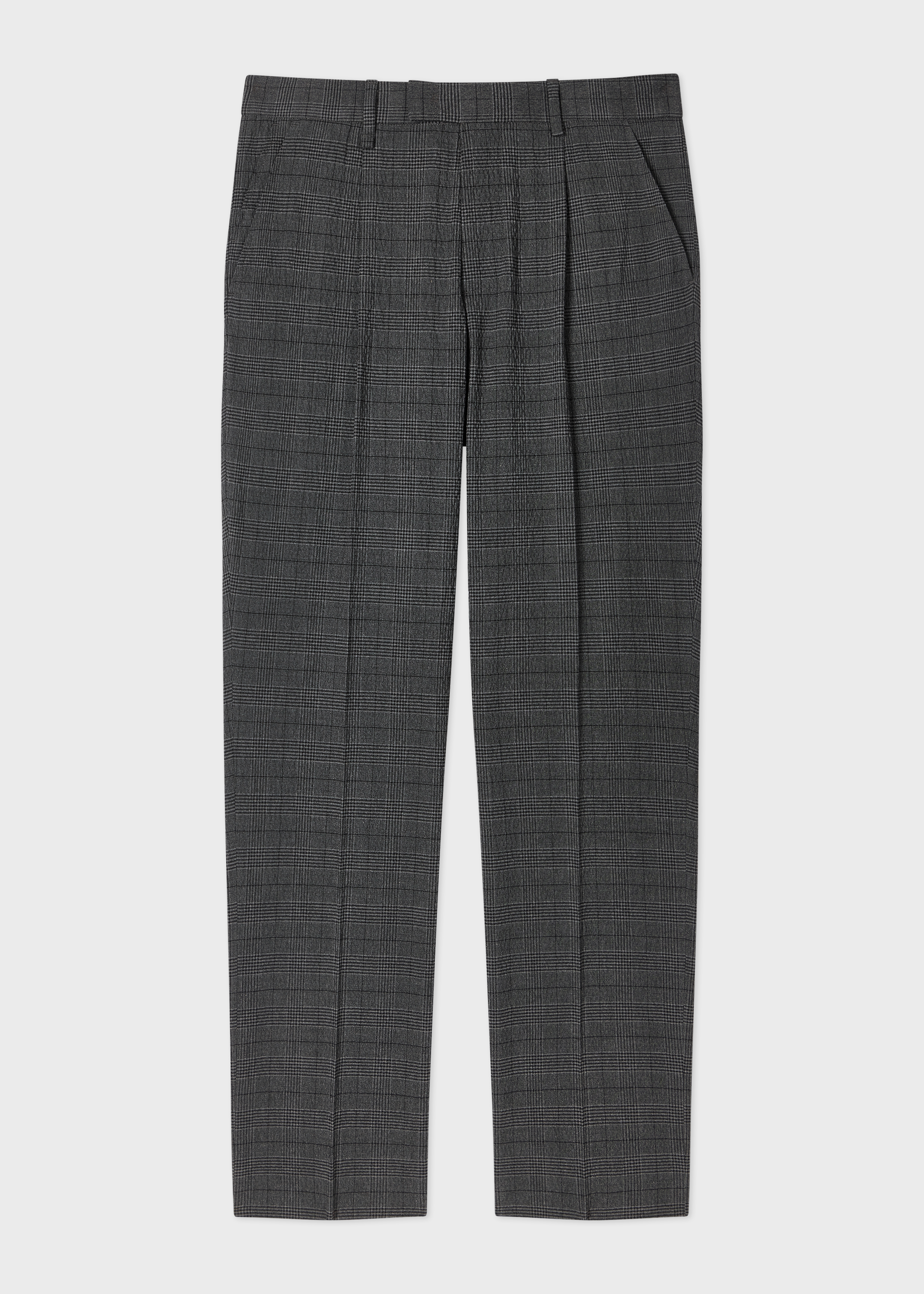 Grey Textured-Cotton Check Pleated Trousers