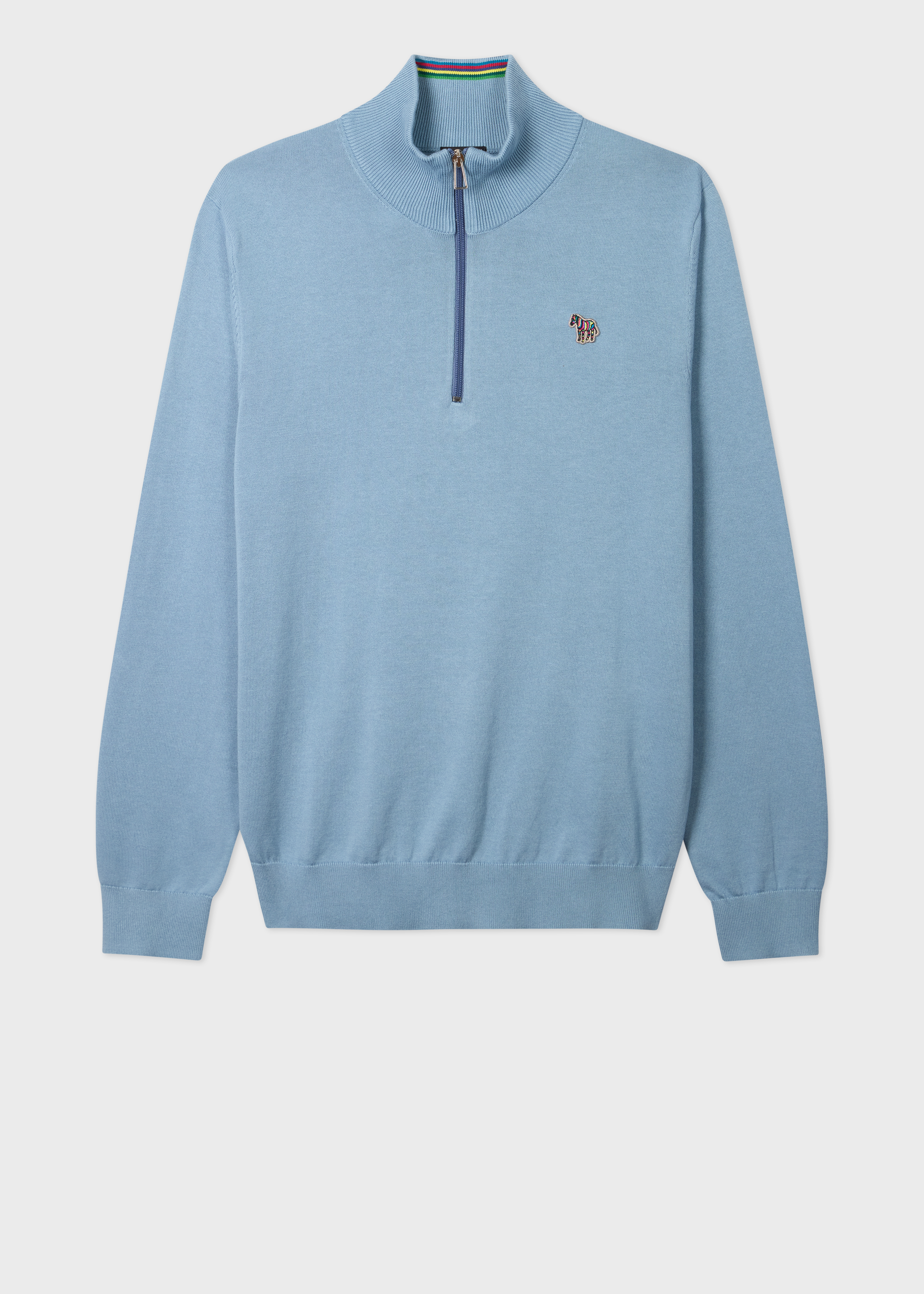 Pale Blue Organic Cotton Quarter Zip Zebra Logo Sweater