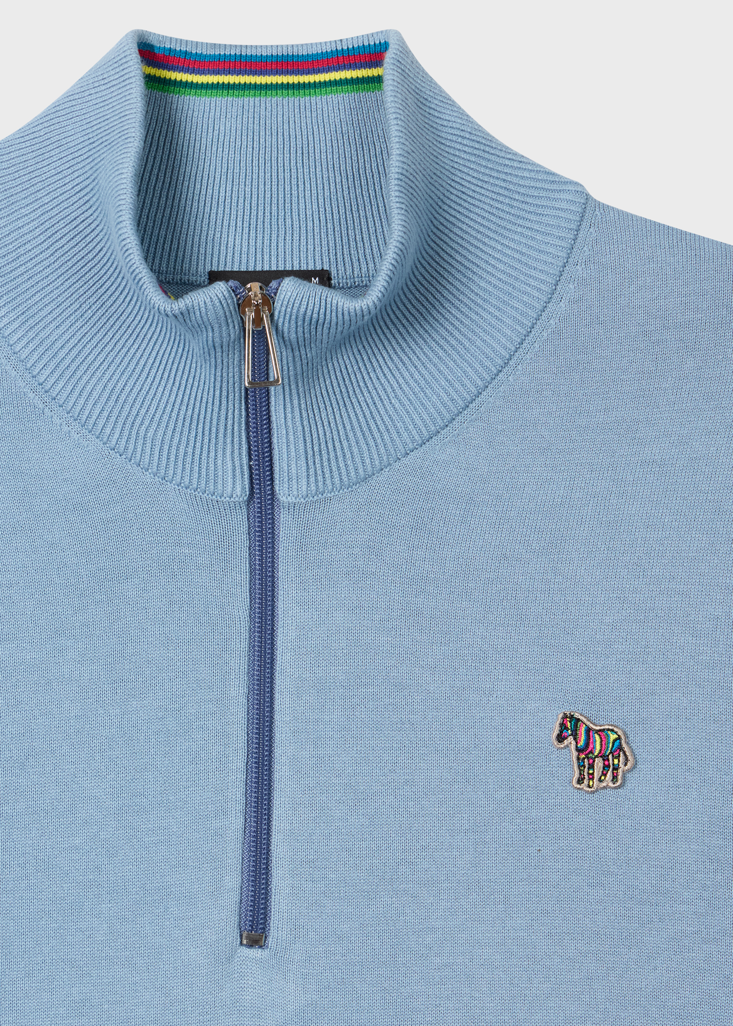 Pale Blue Organic Cotton Quarter Zip Zebra Logo Sweater