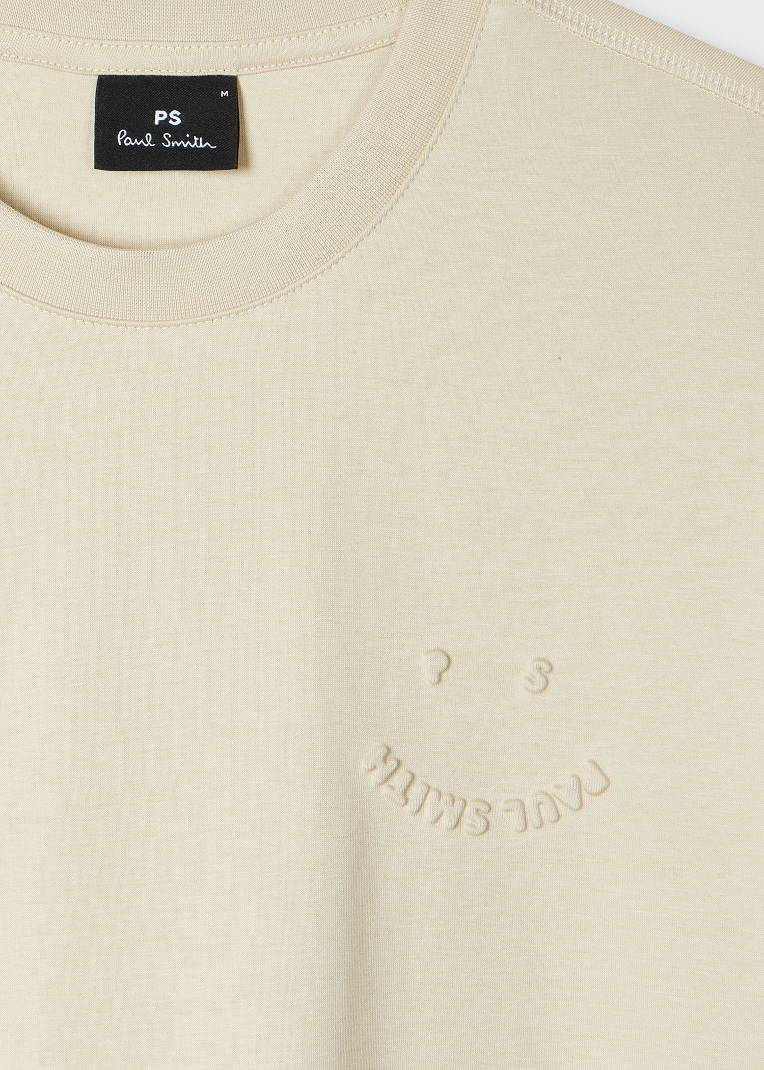 Casual-Fit Ecru Embossed 'Happy' T-Shirt