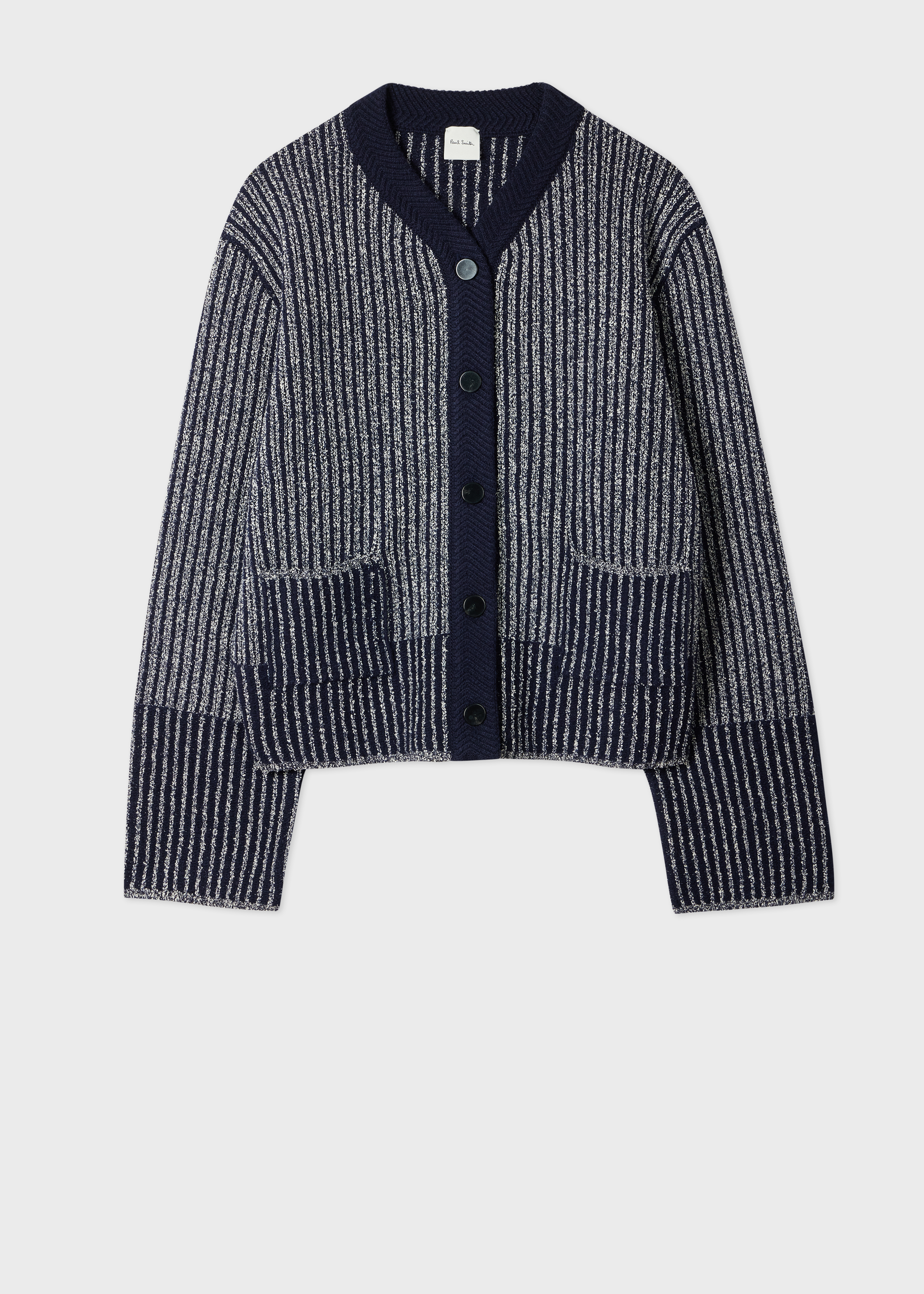 Women's Navy Wool-Blend Ribbed Knit Cardigan