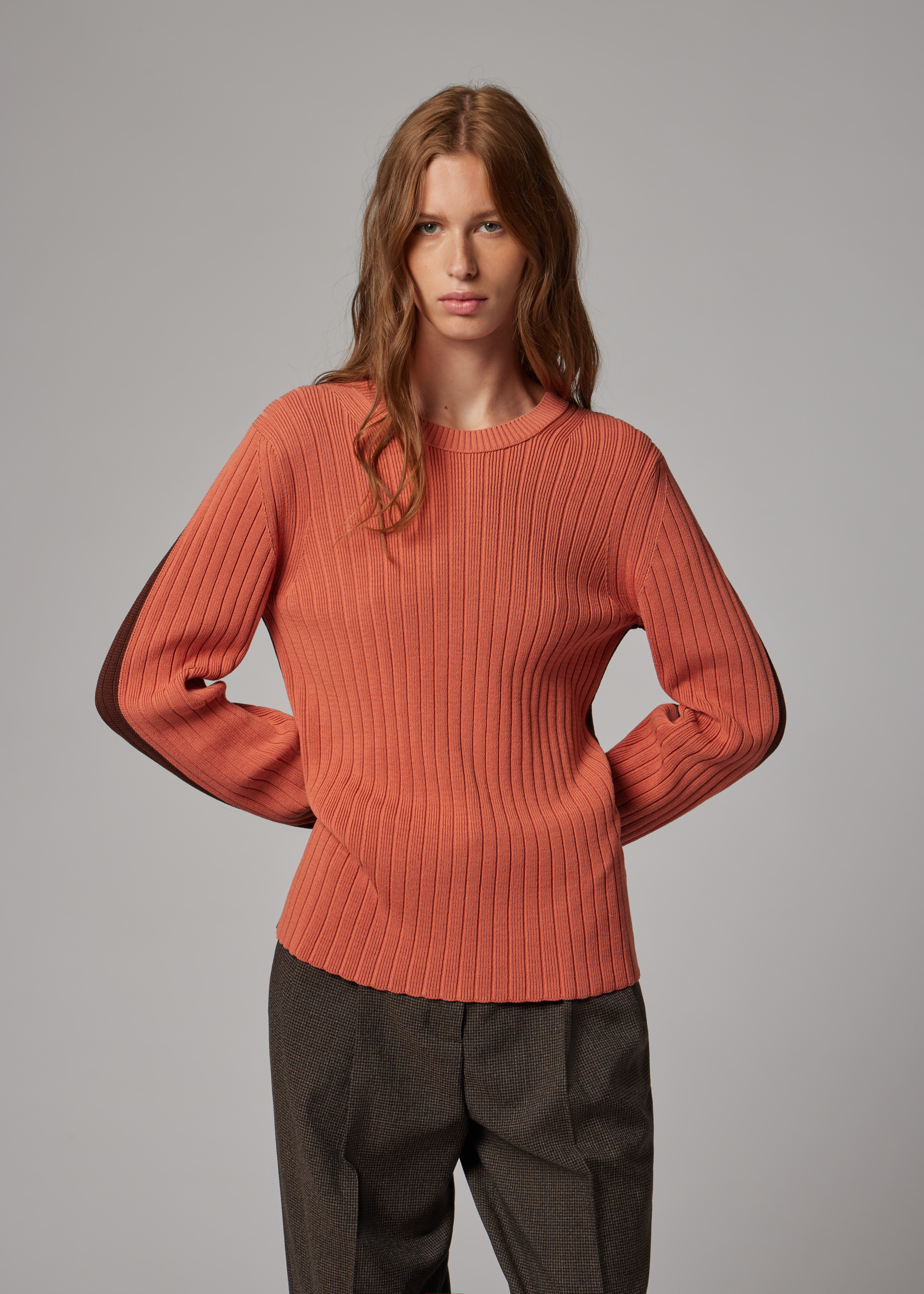 Women's Pink Contrast Back Ribbed Knit Sweater