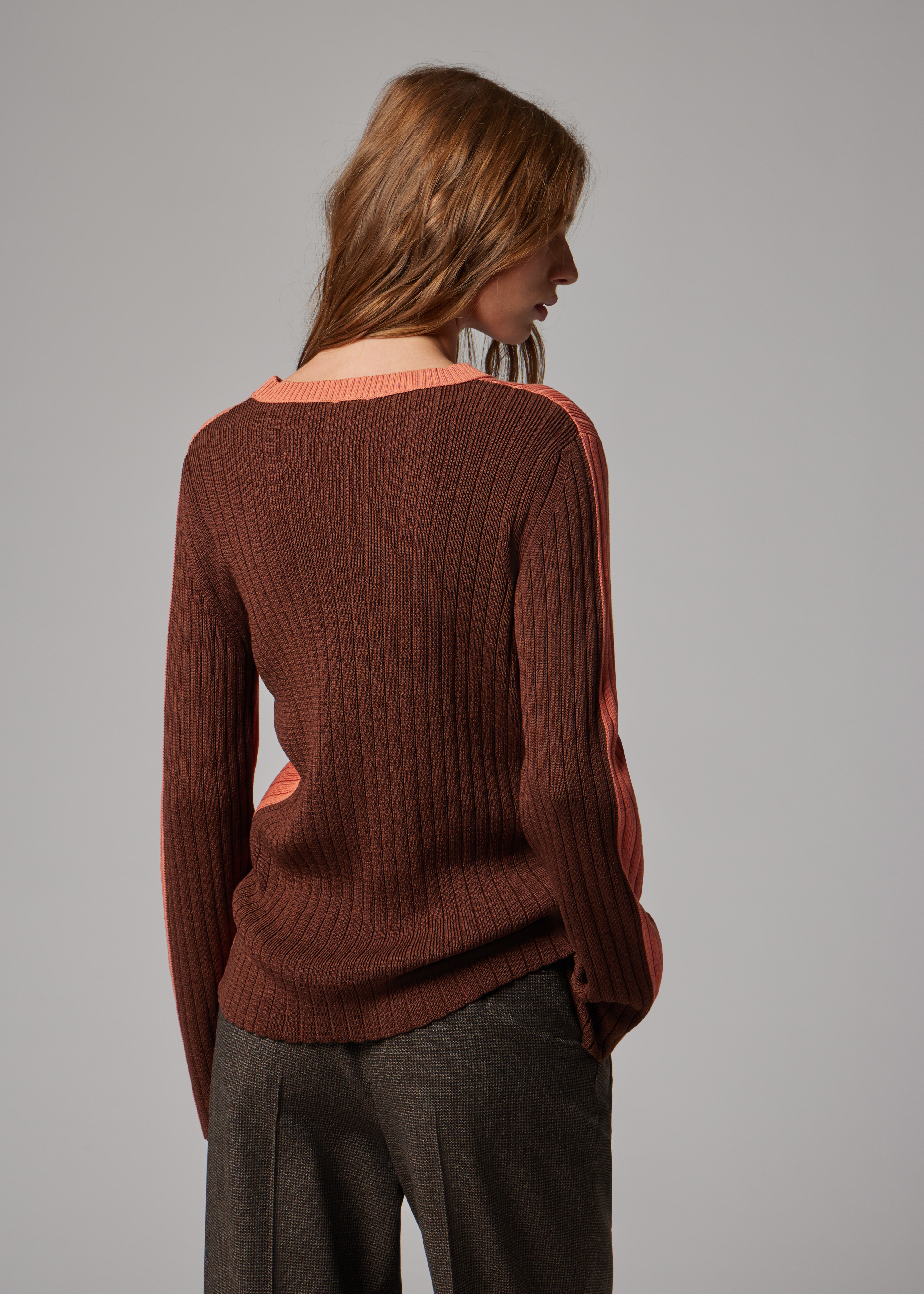 Women's Pink Contrast Back Ribbed Knit Sweater