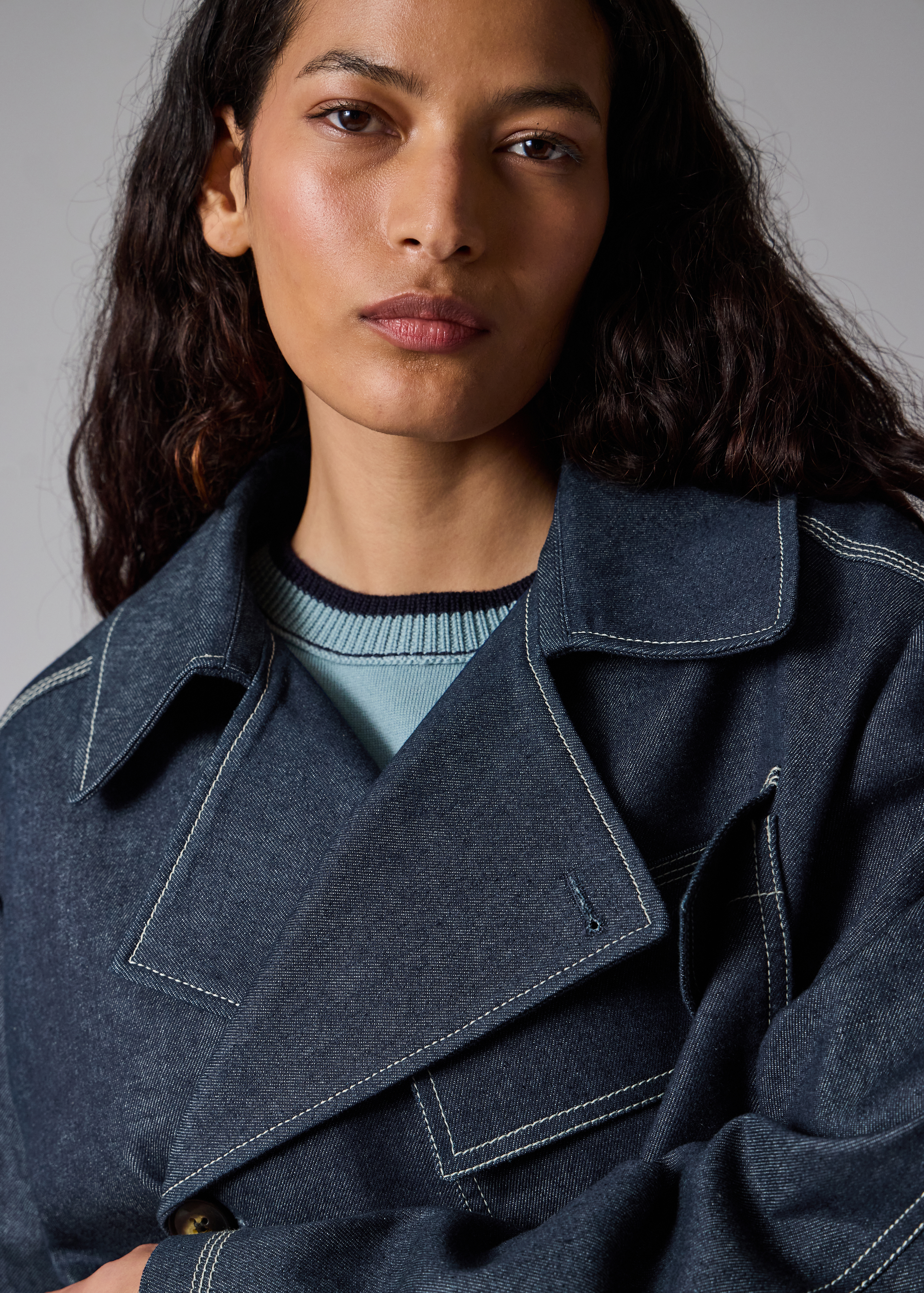 Denim Cotton-Blend Cropped Asymmetric Jacket with Topstitching