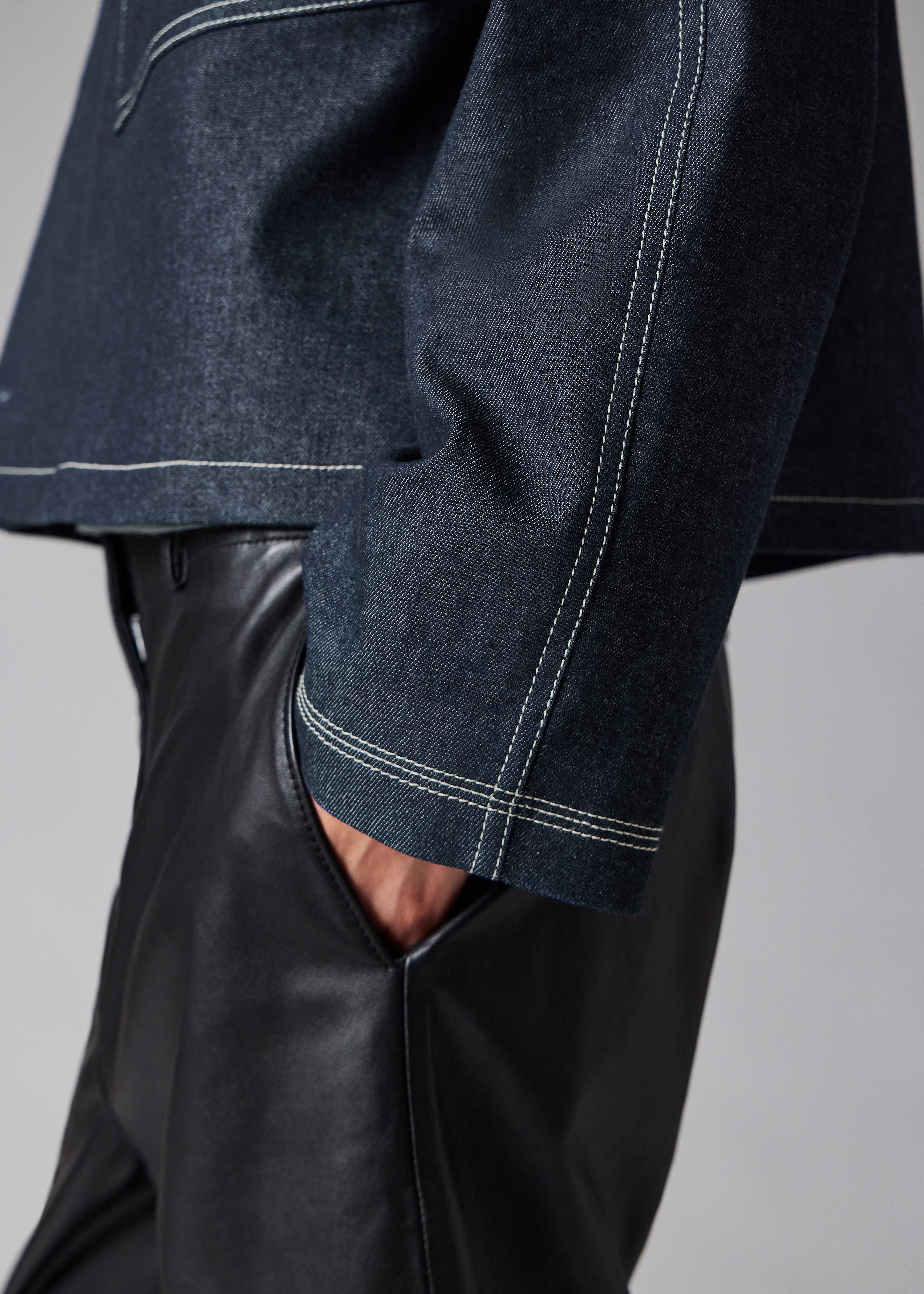 Denim Cotton-Blend Cropped Asymmetric Jacket with Topstitching