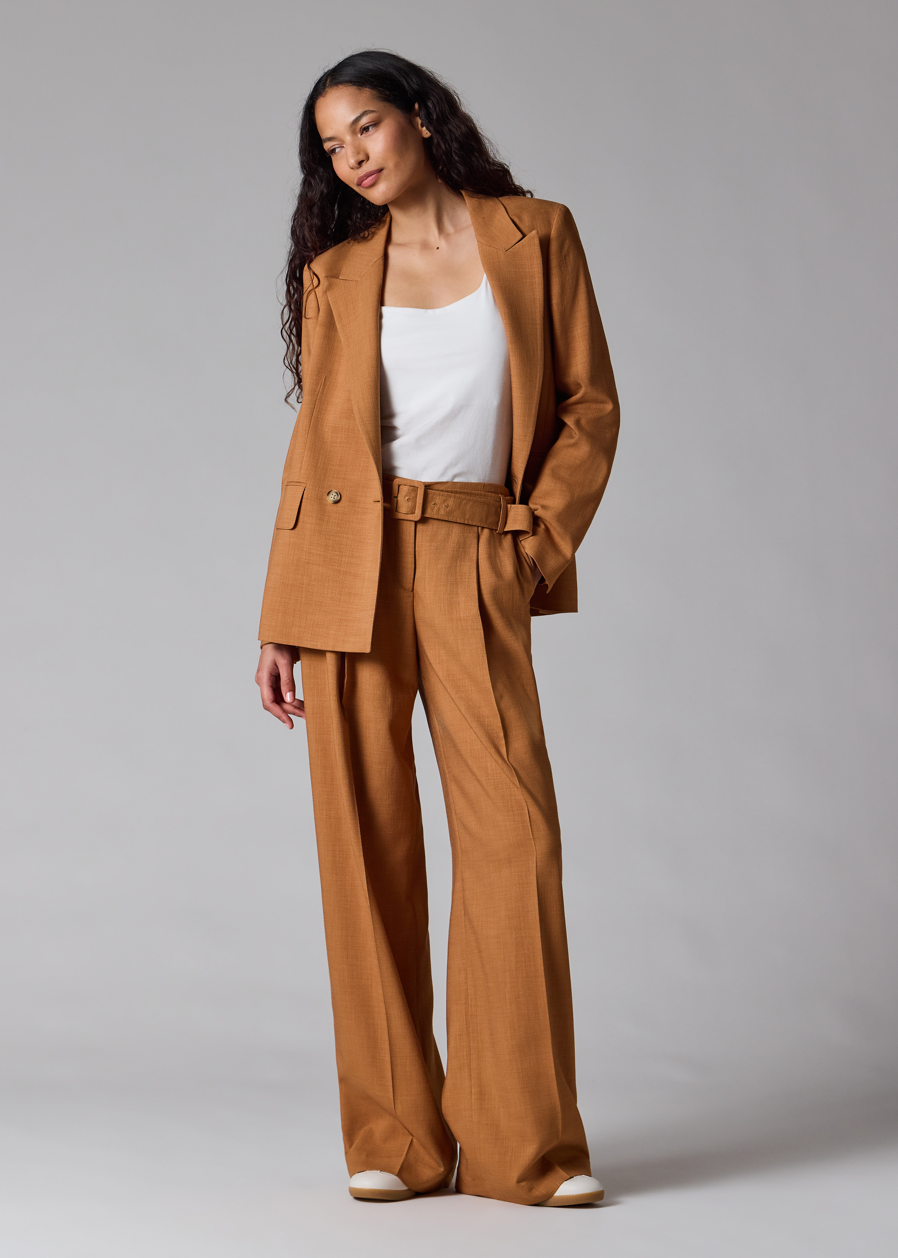 Women's Tan Textured Double-Breasted Blazer
