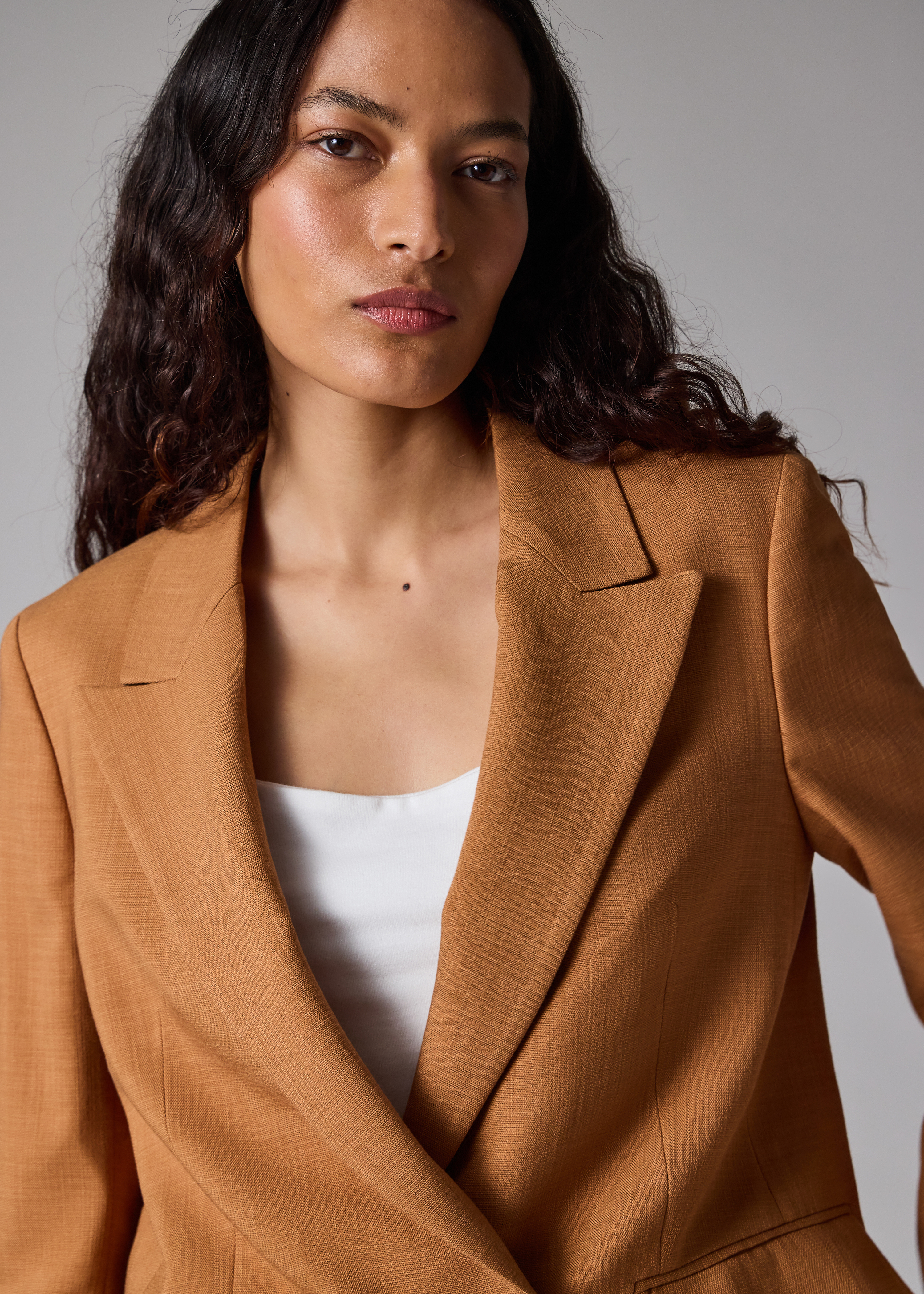 Women's Tan Textured Double-Breasted Blazer
