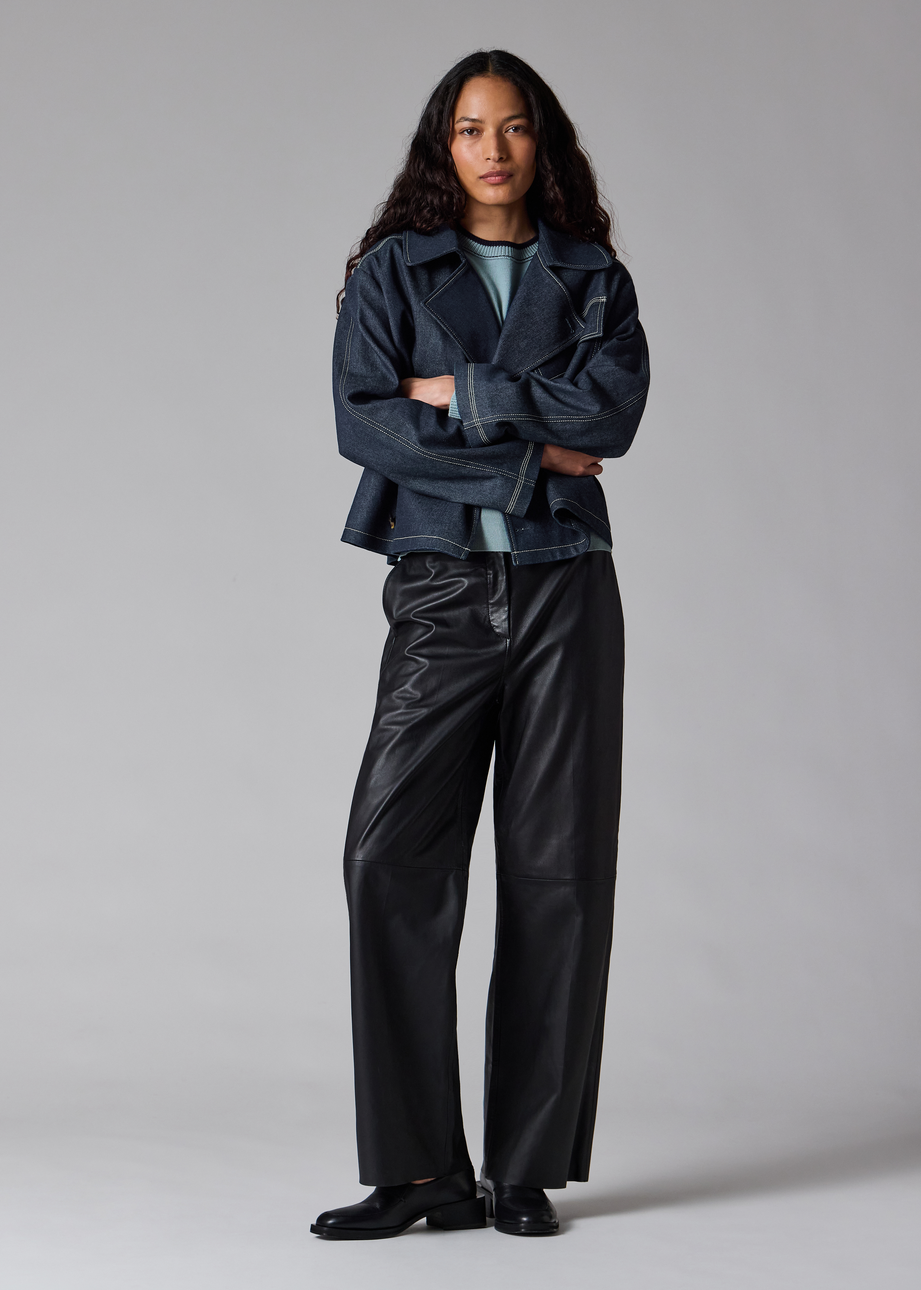 Denim Cotton-Blend Cropped Asymmetric Jacket with Topstitching