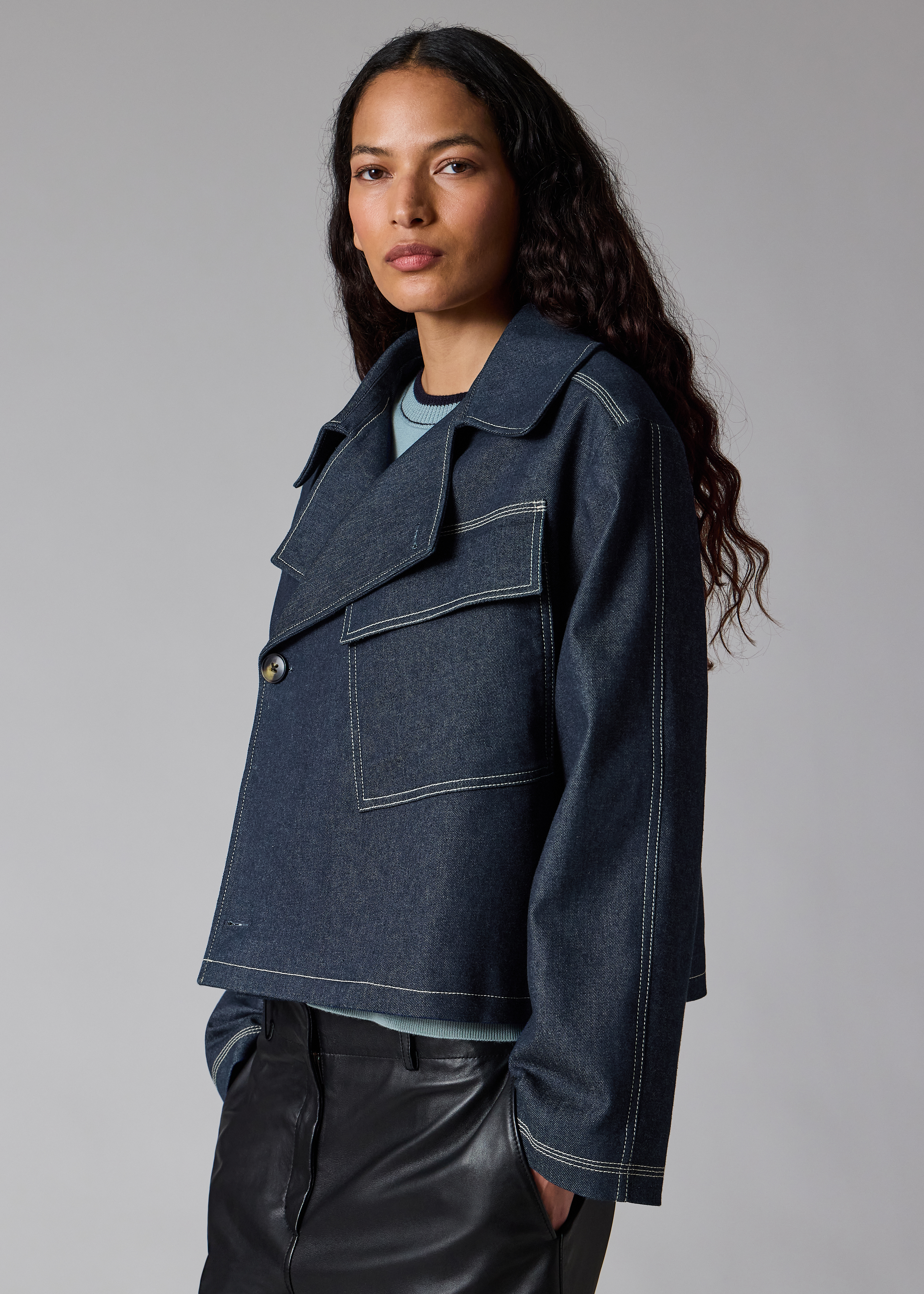 Denim Cotton-Blend Cropped Asymmetric Jacket with Topstitching