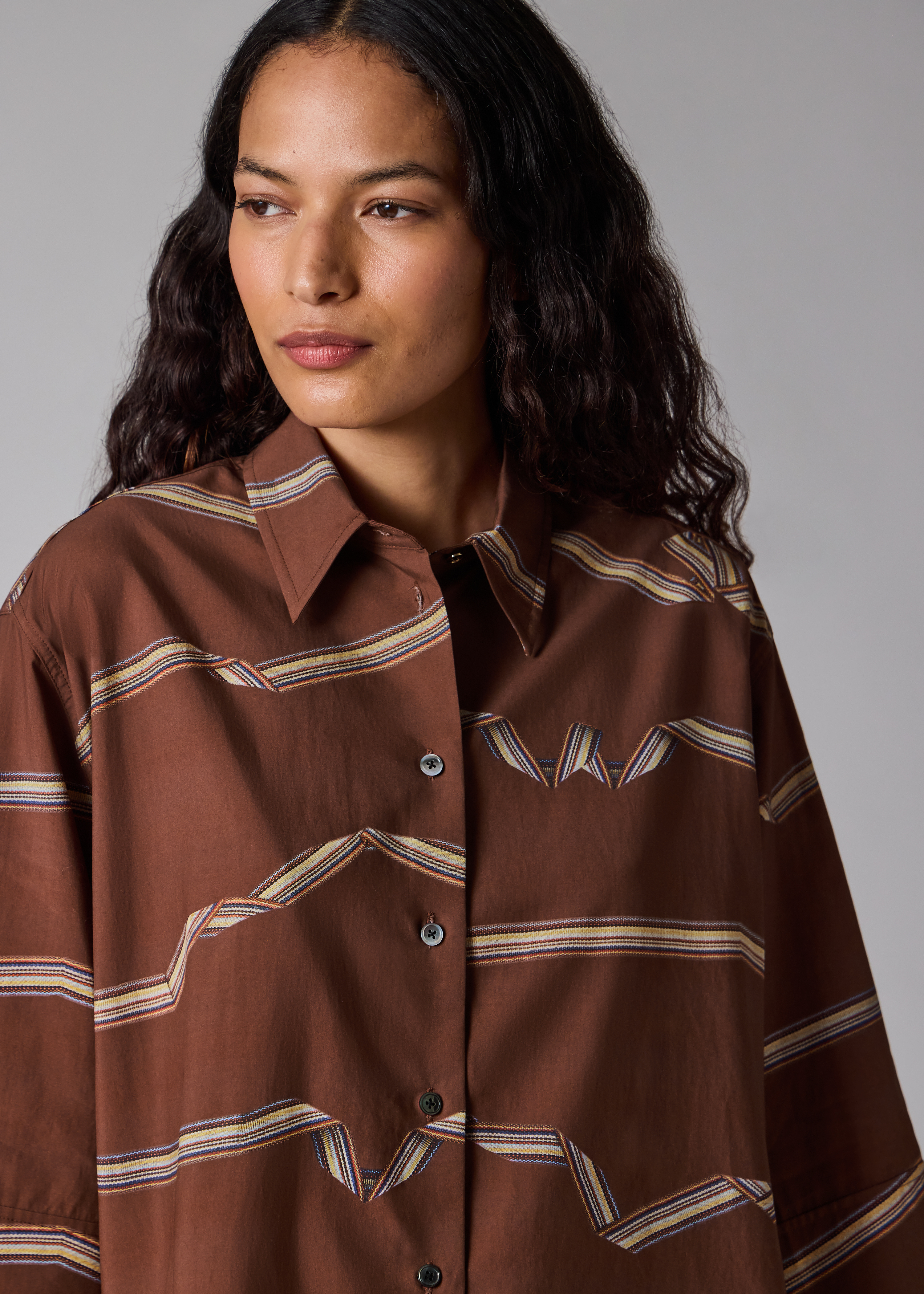 Women's Rust Brown 'Signature Stripe' Ribbon Print Shirt