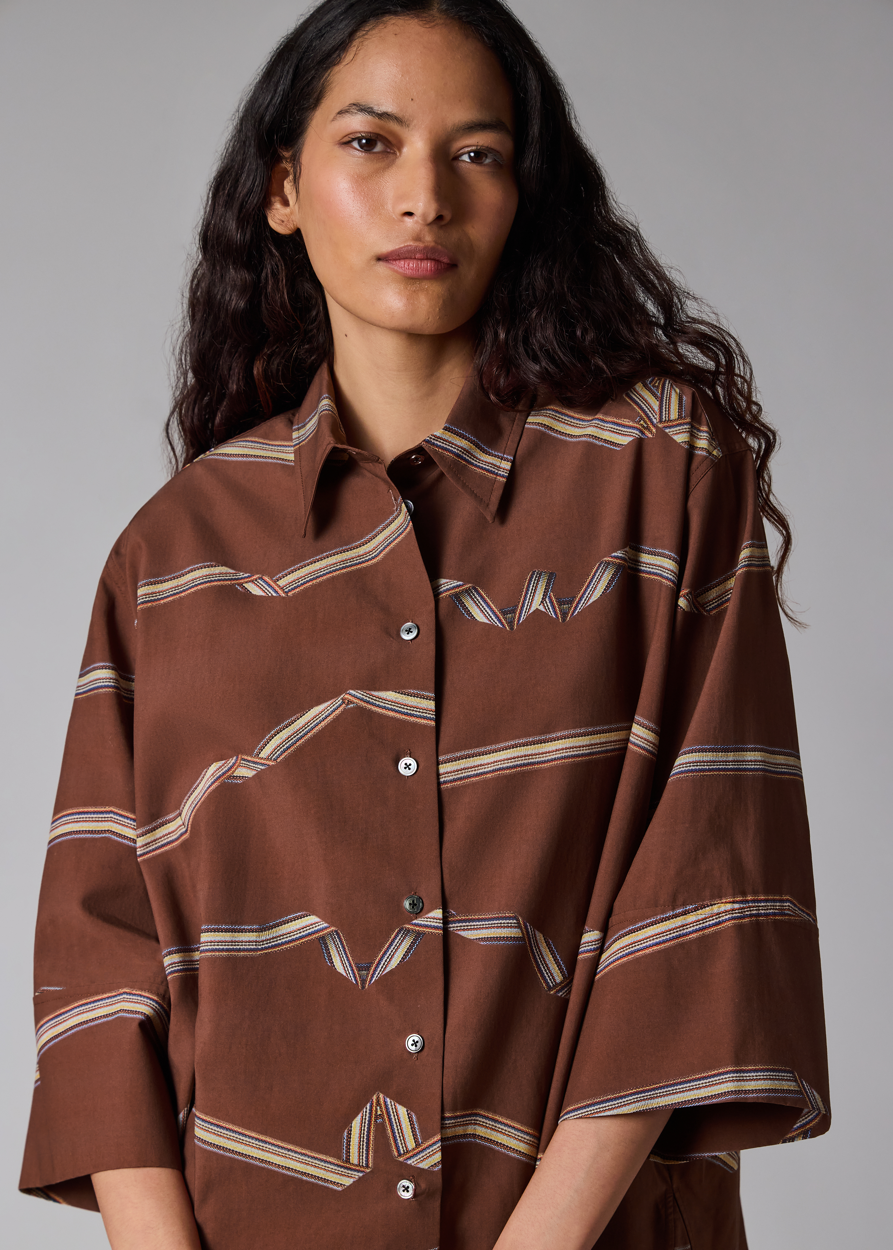 Women's Rust Brown 'Signature Stripe' Ribbon Print Shirt