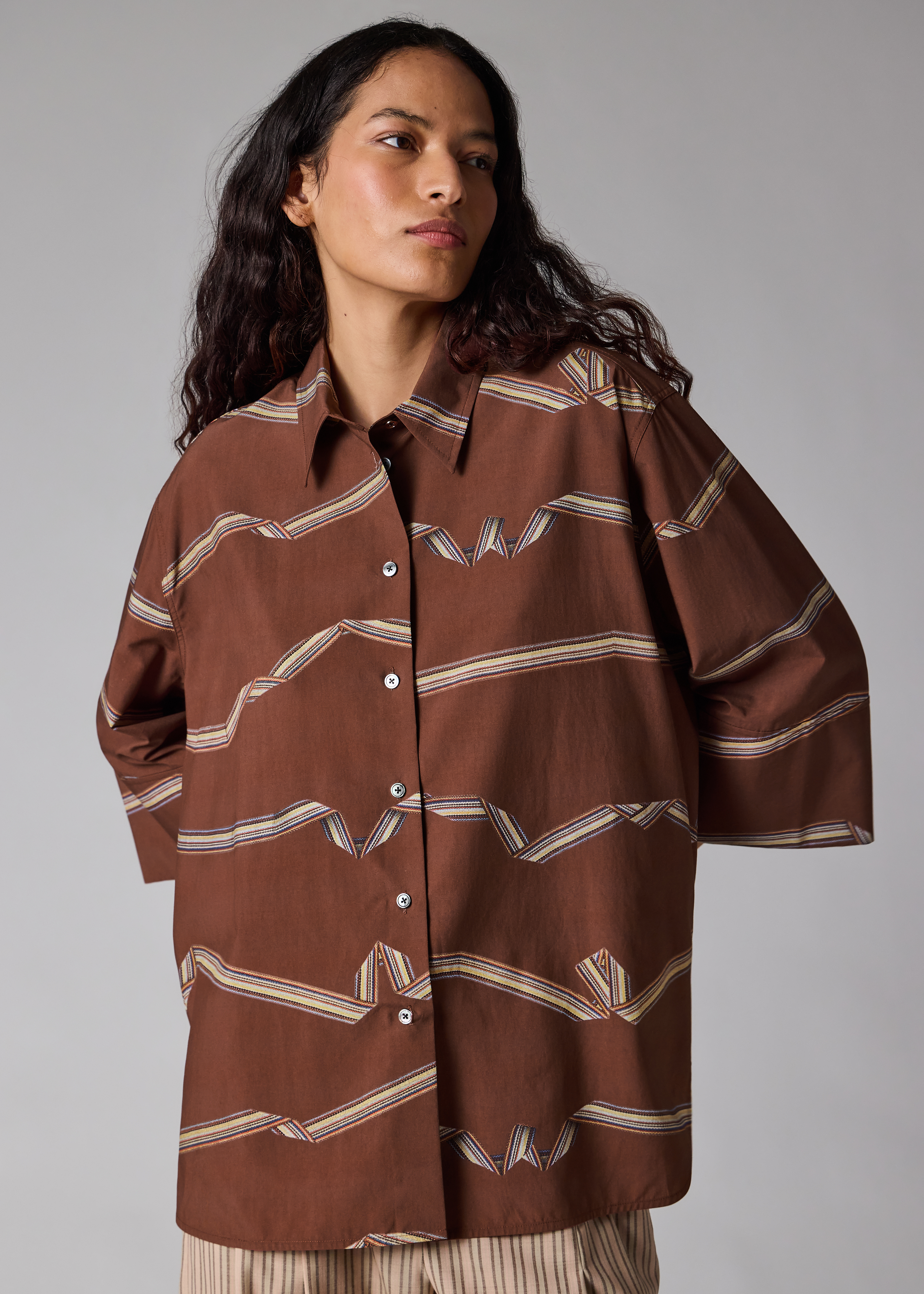 Women's Rust Brown 'Signature Stripe' Ribbon Print Shirt