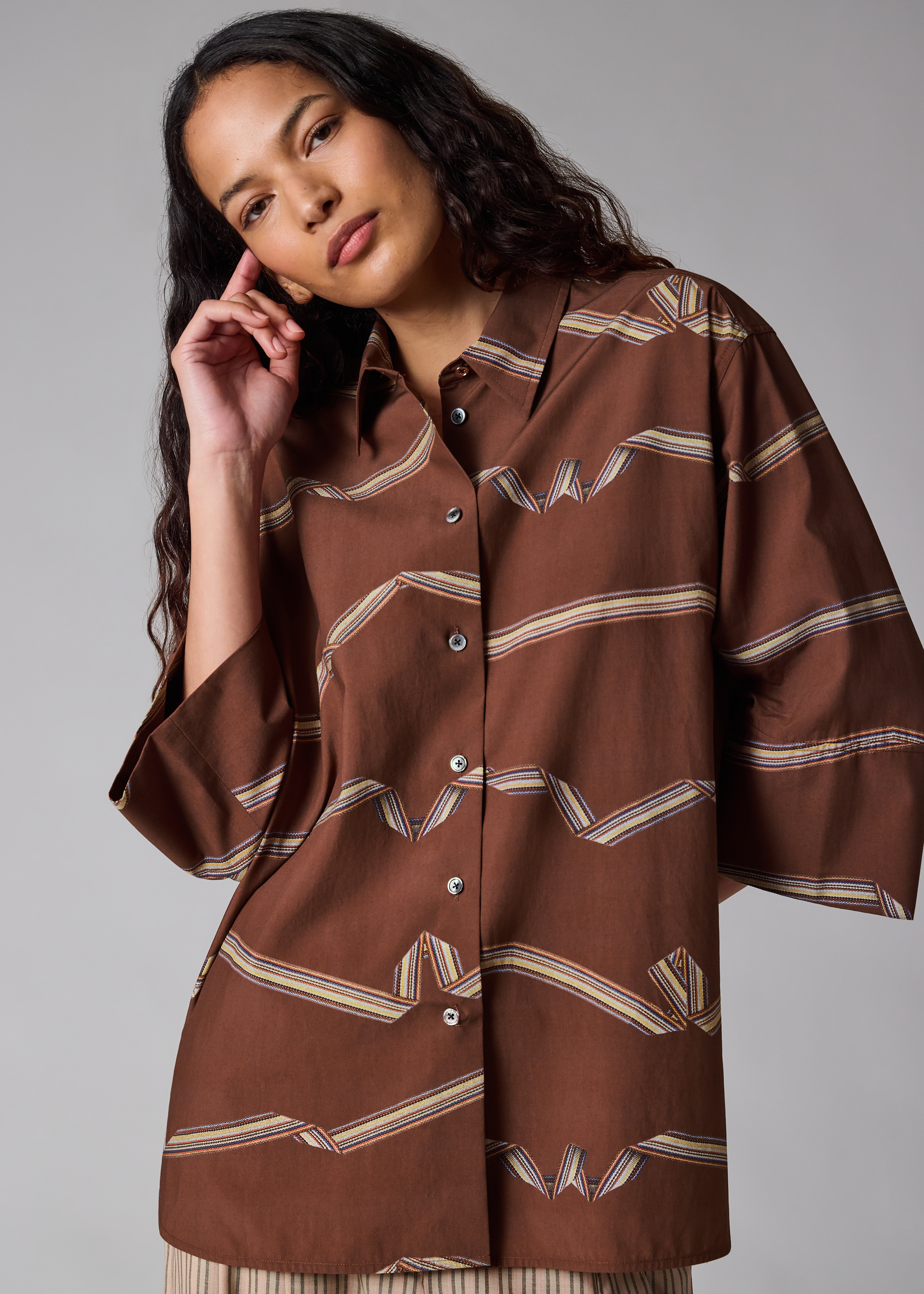 Women's Rust Brown 'Signature Stripe' Ribbon Print Shirt