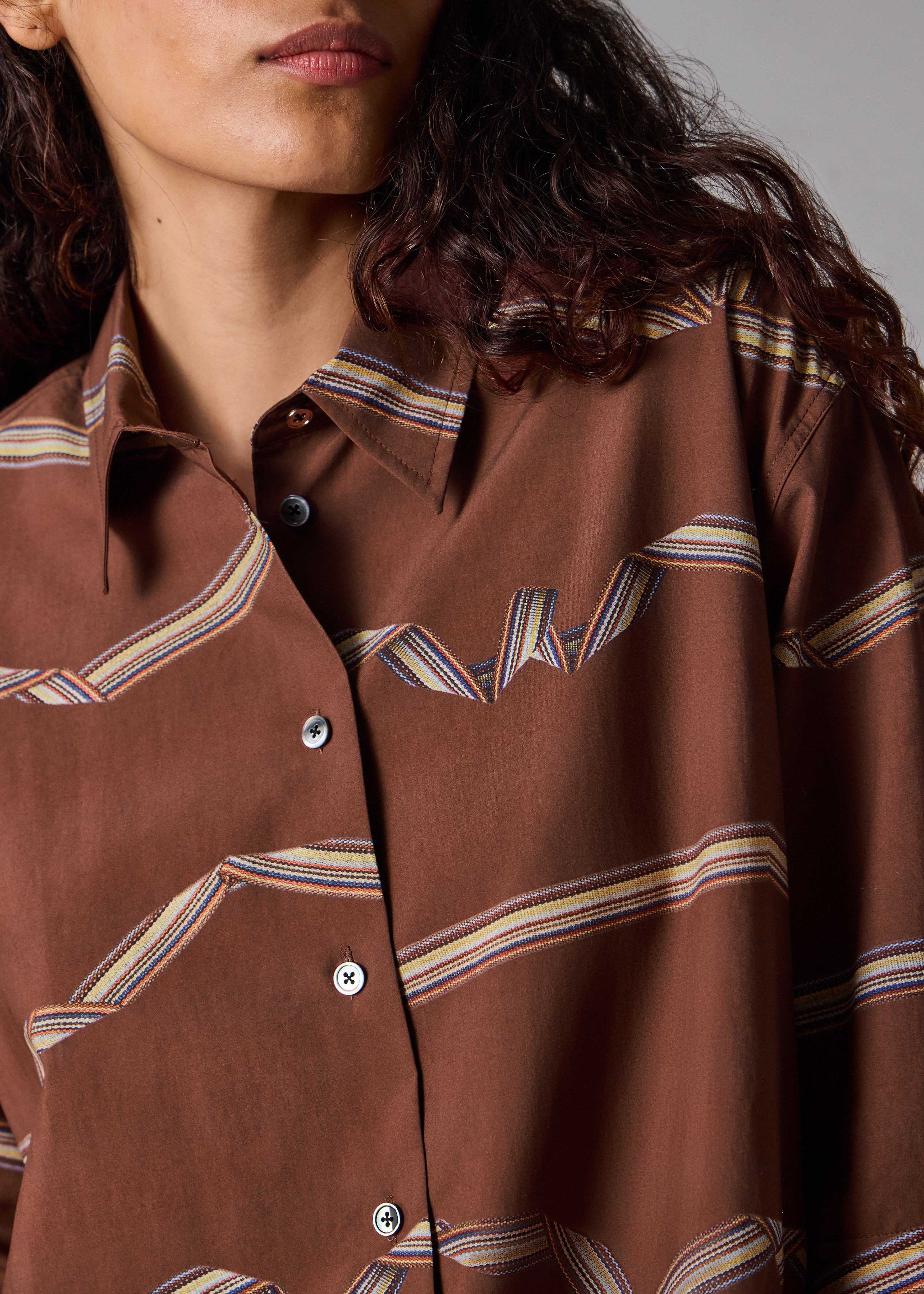 Women's Rust Brown 'Signature Stripe' Ribbon Print Shirt