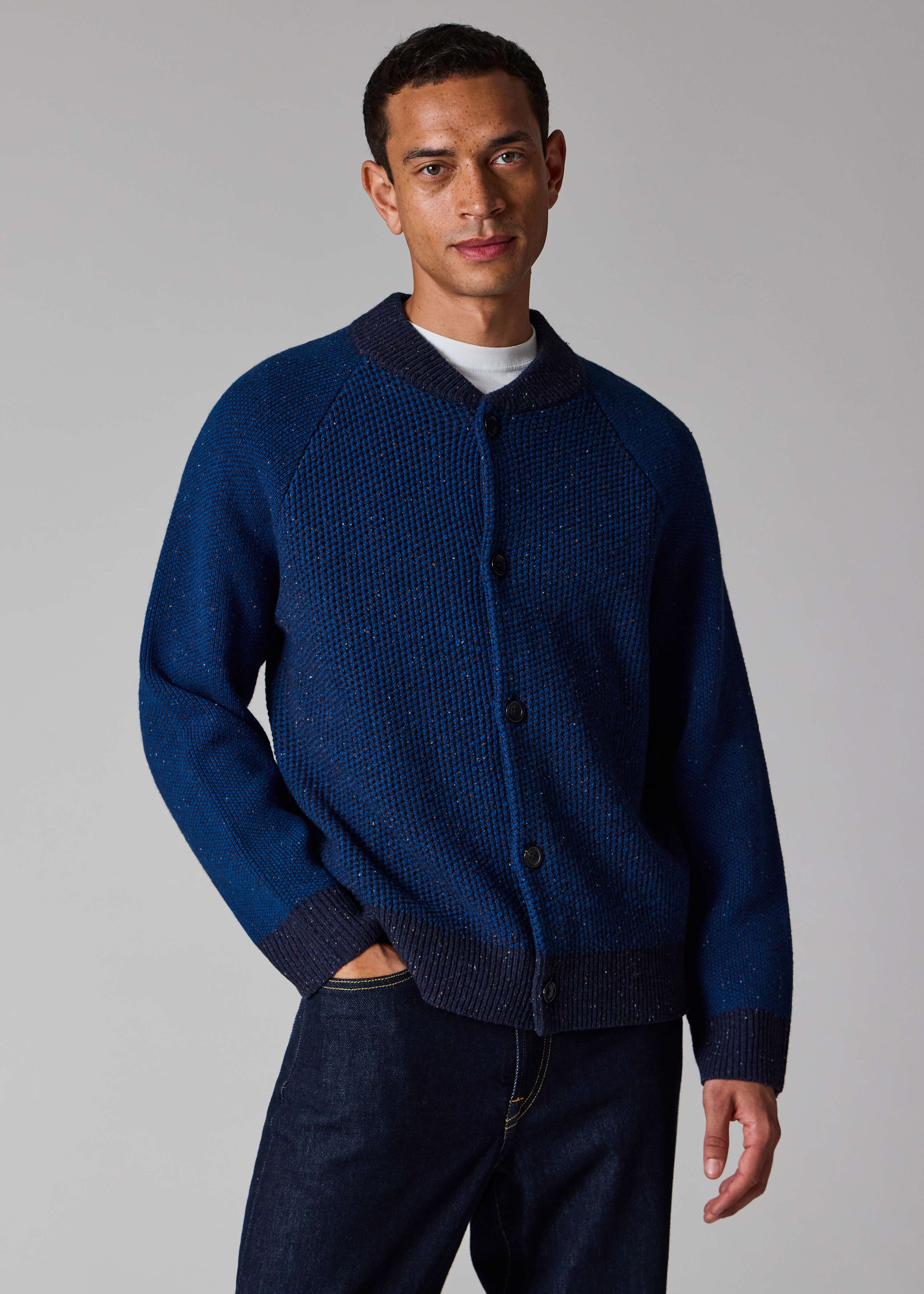 Navy Tonal-Stitch Bomber Cardigan