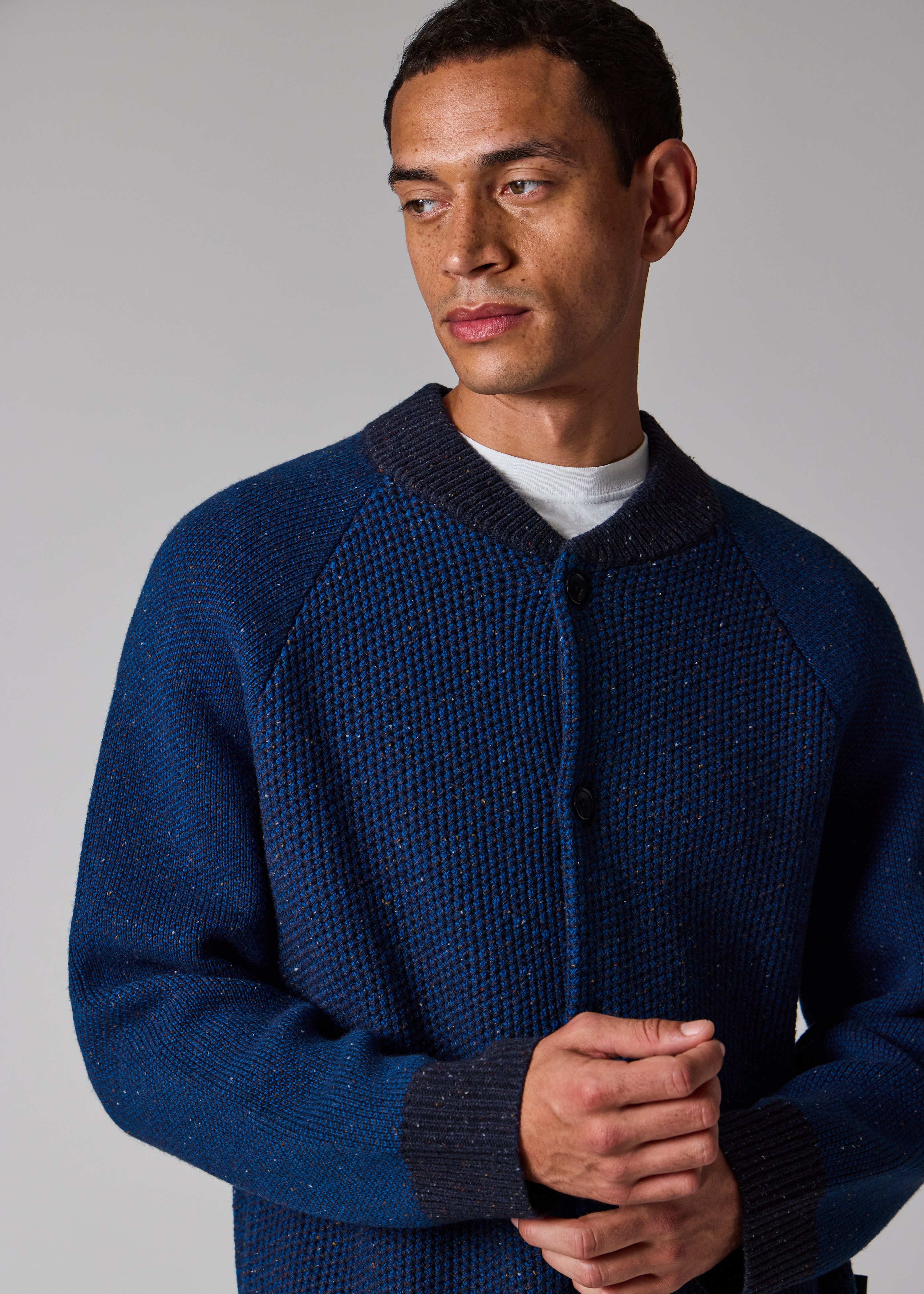 Navy Tonal-Stitch Bomber Cardigan