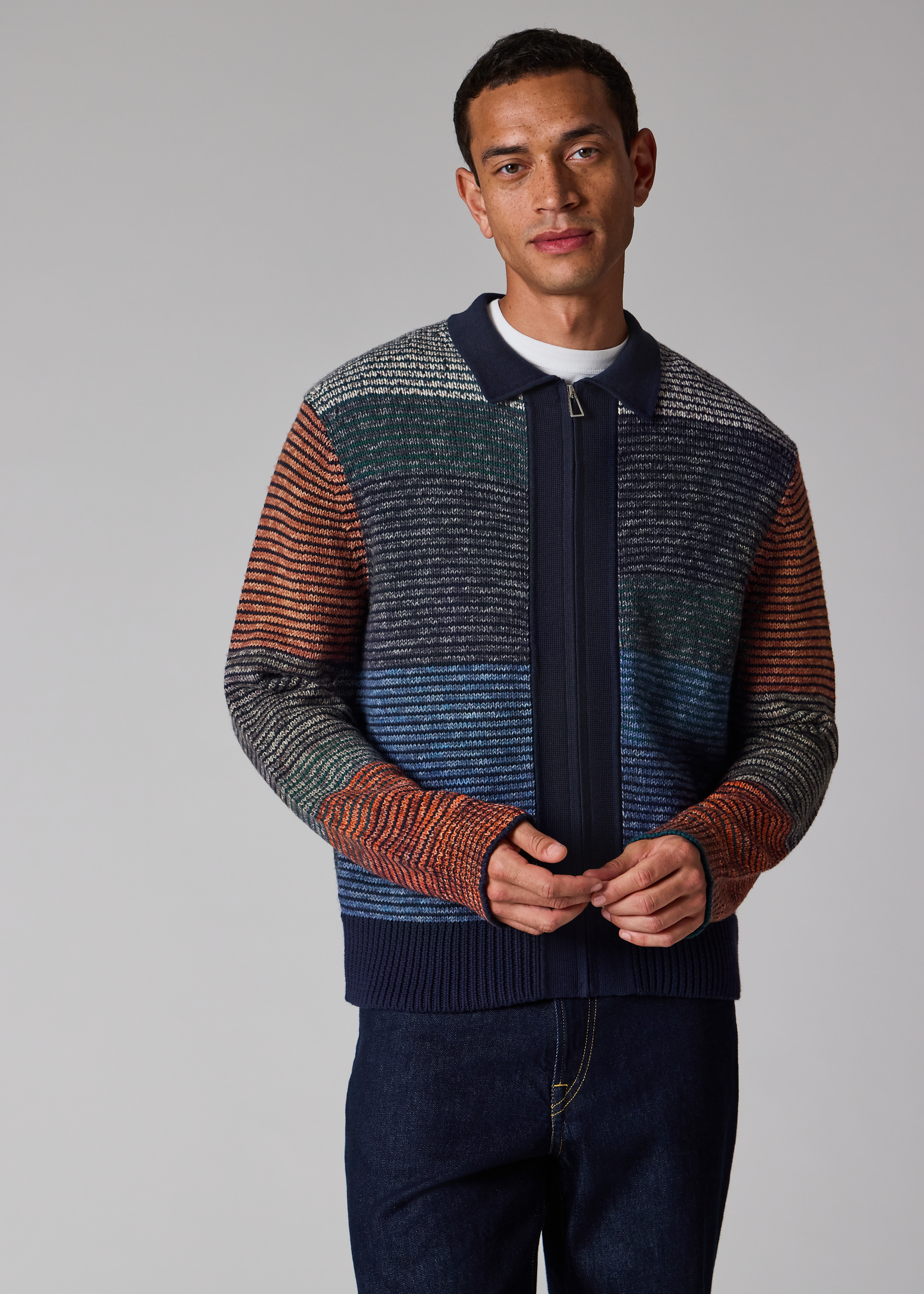 Navy Colour-Block Zip-Through Cotton-Wool Cardigan