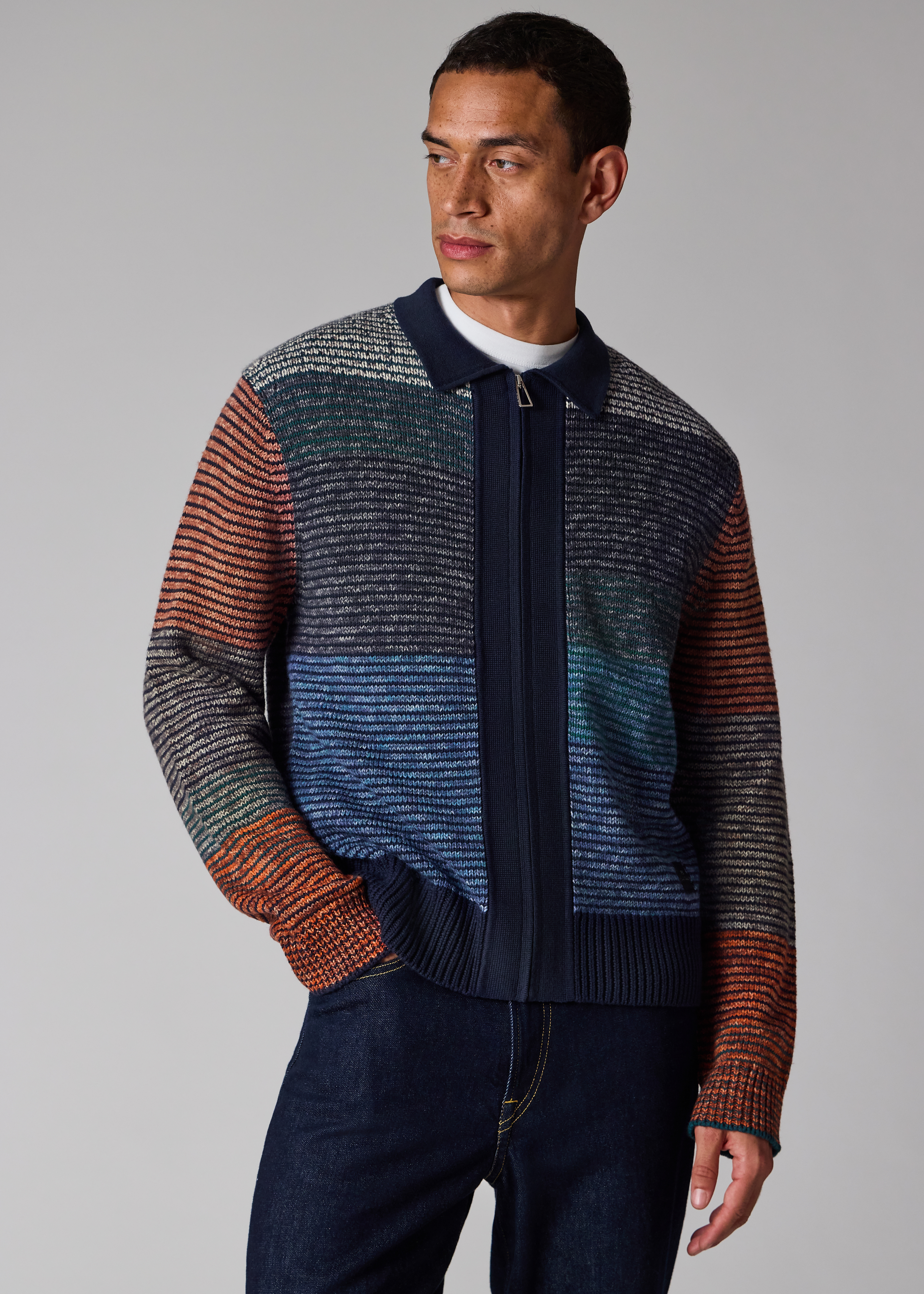 Navy Colour-Block Zip-Through Cotton-Wool Cardigan