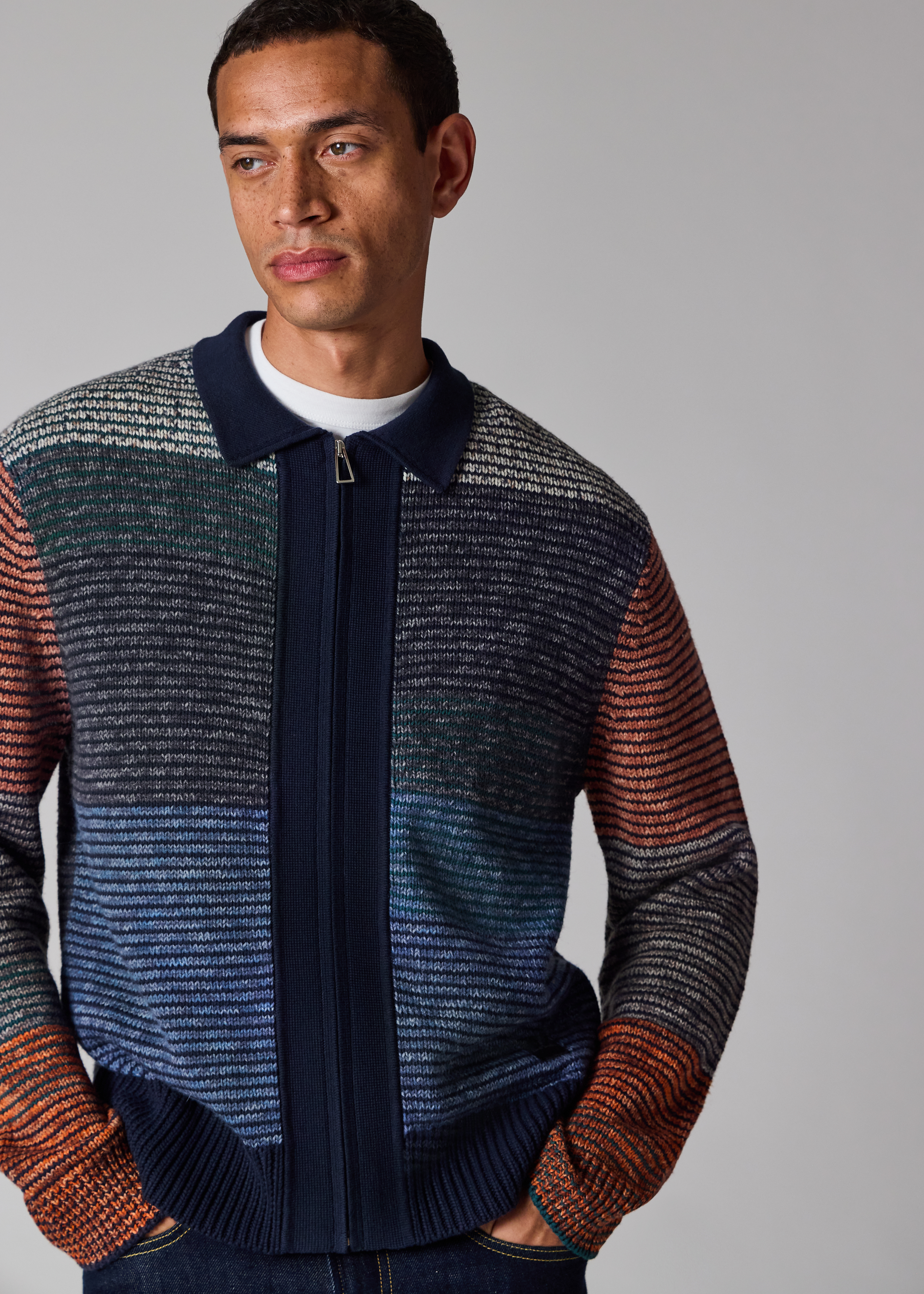 Navy Colour-Block Zip-Through Cotton-Wool Cardigan