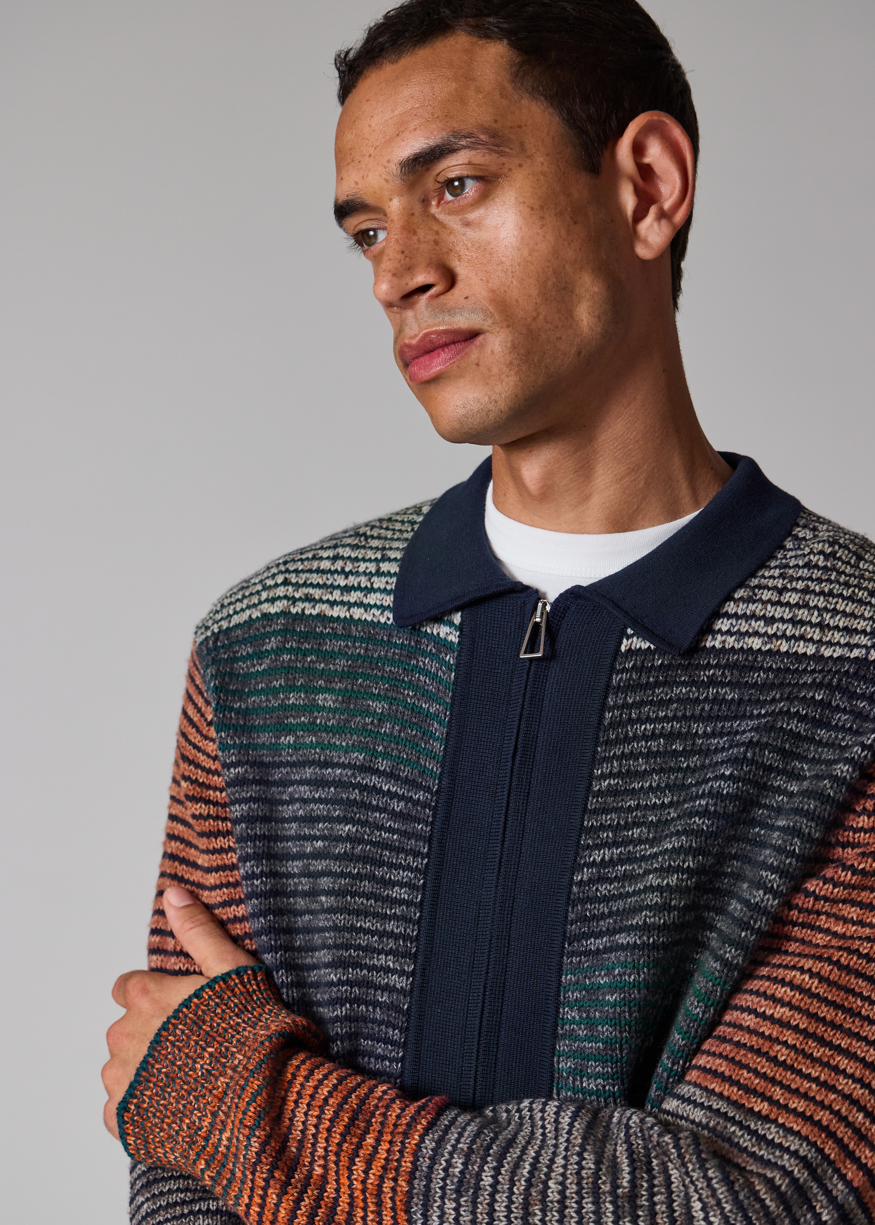 Navy Colour-Block Zip-Through Cotton-Wool Cardigan