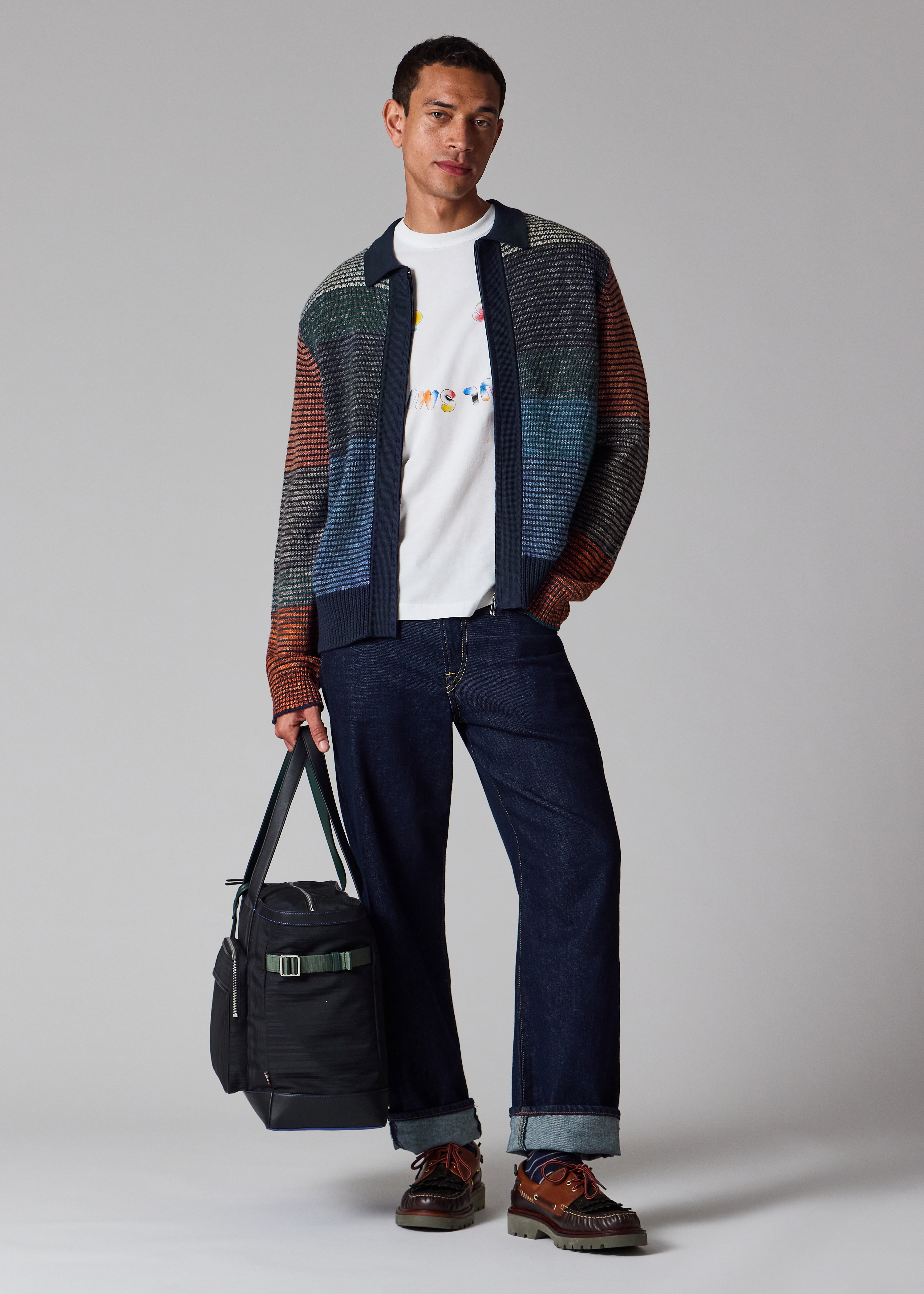 Navy Colour-Block Zip-Through Cotton-Wool Cardigan