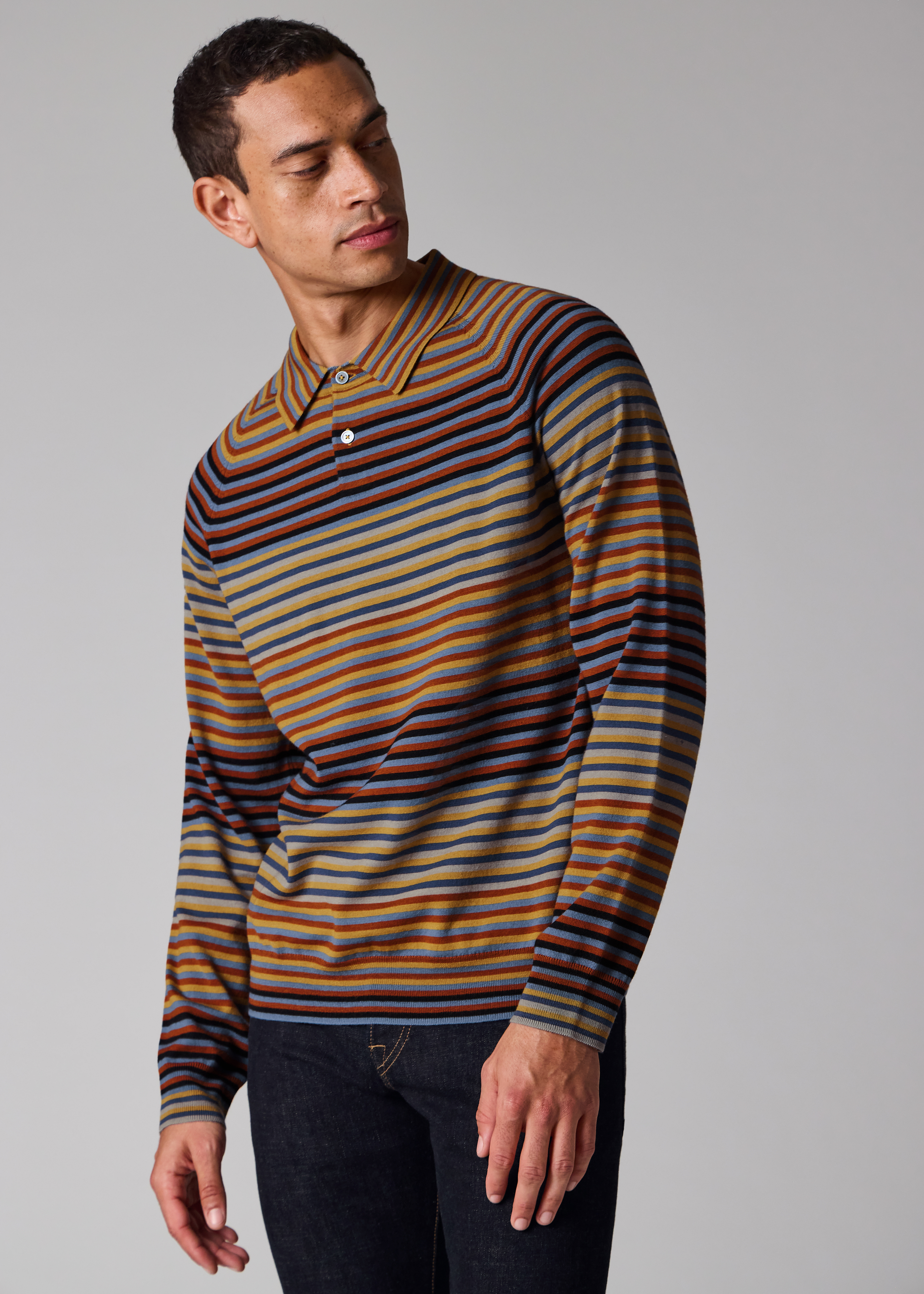 Yellow and Blue Stripe Merino Wool Polo Shirt