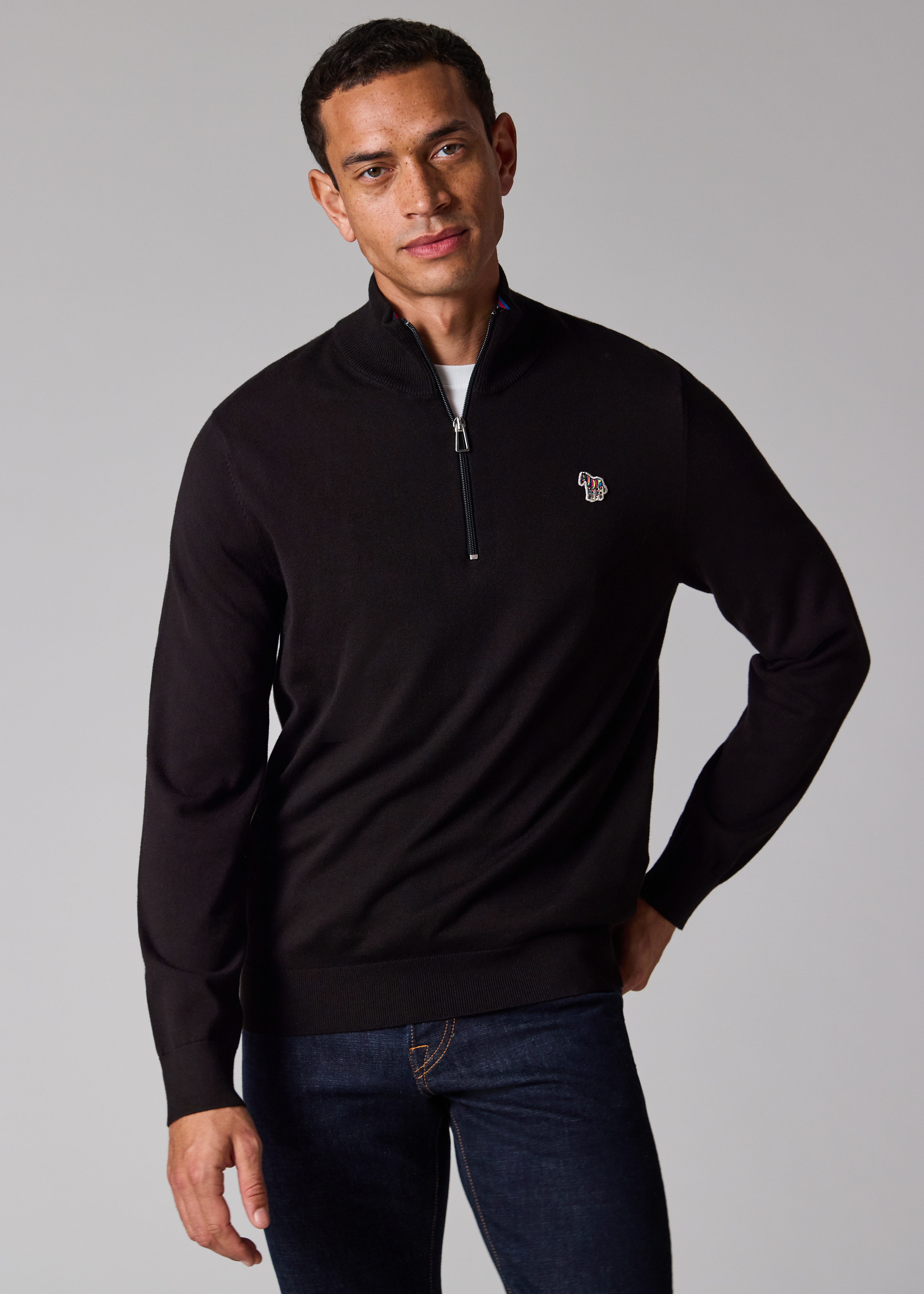 Black Organic Cotton Quarter Zip Zebra Logo Sweater