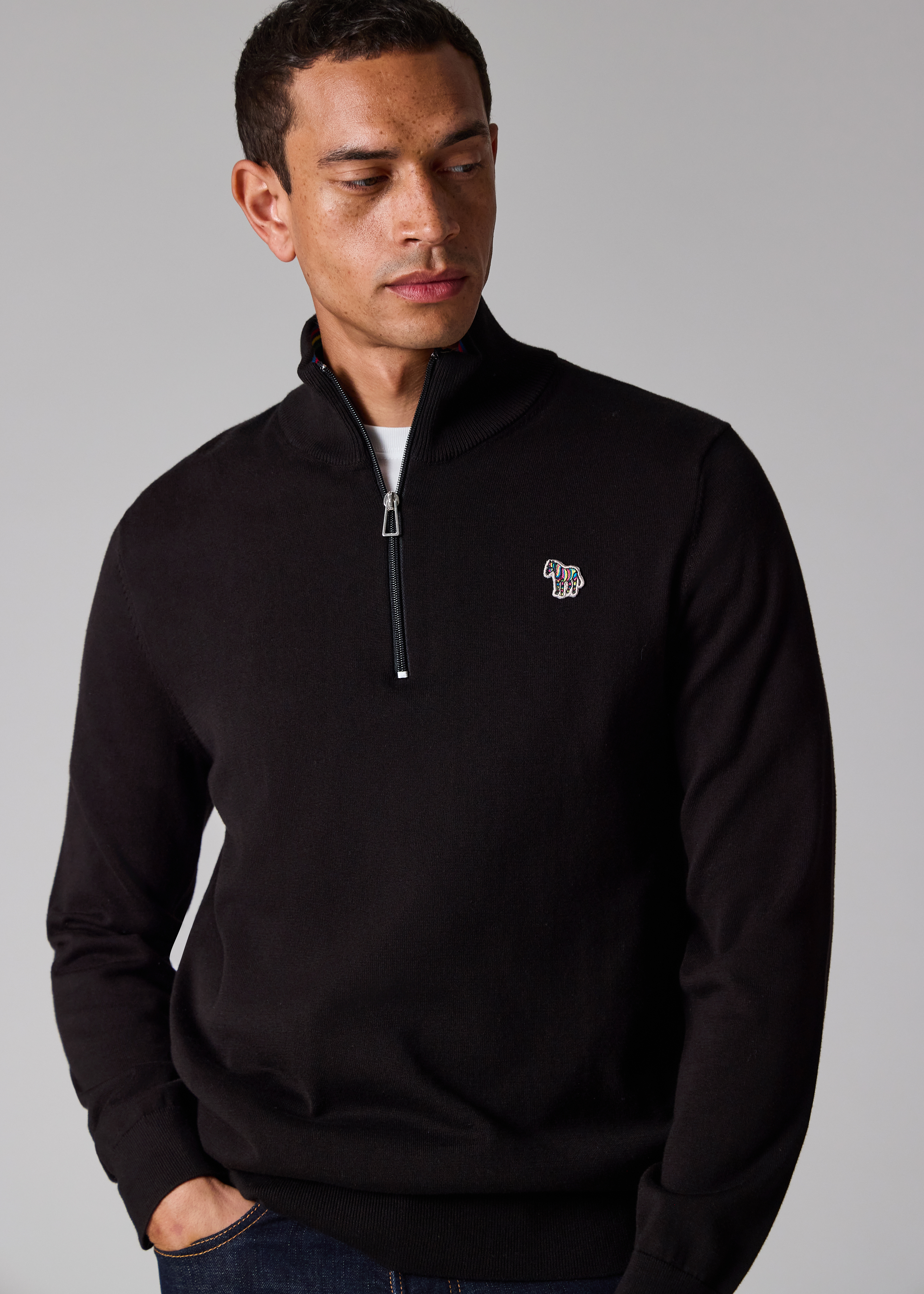 Black Organic Cotton Quarter Zip Zebra Logo Sweater