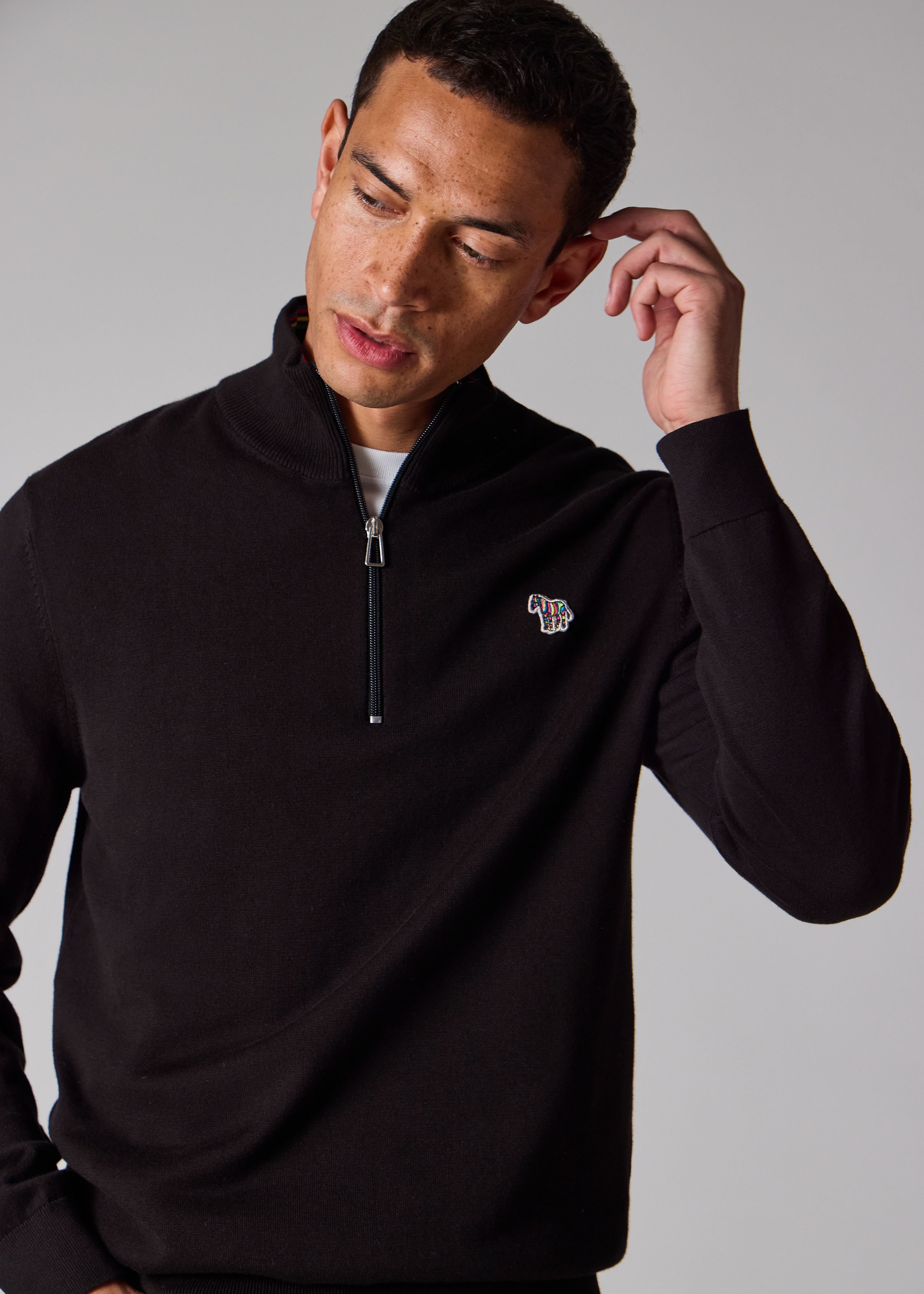 Black Organic Cotton Quarter Zip Zebra Logo Sweater