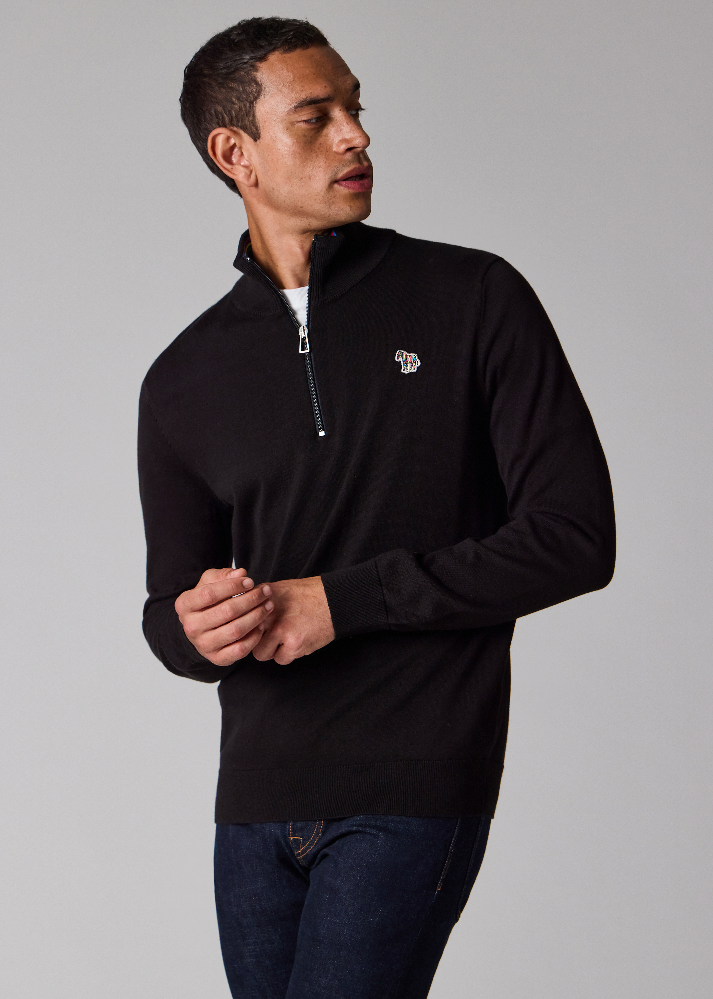 Black Organic Cotton Quarter Zip Zebra Logo Sweater