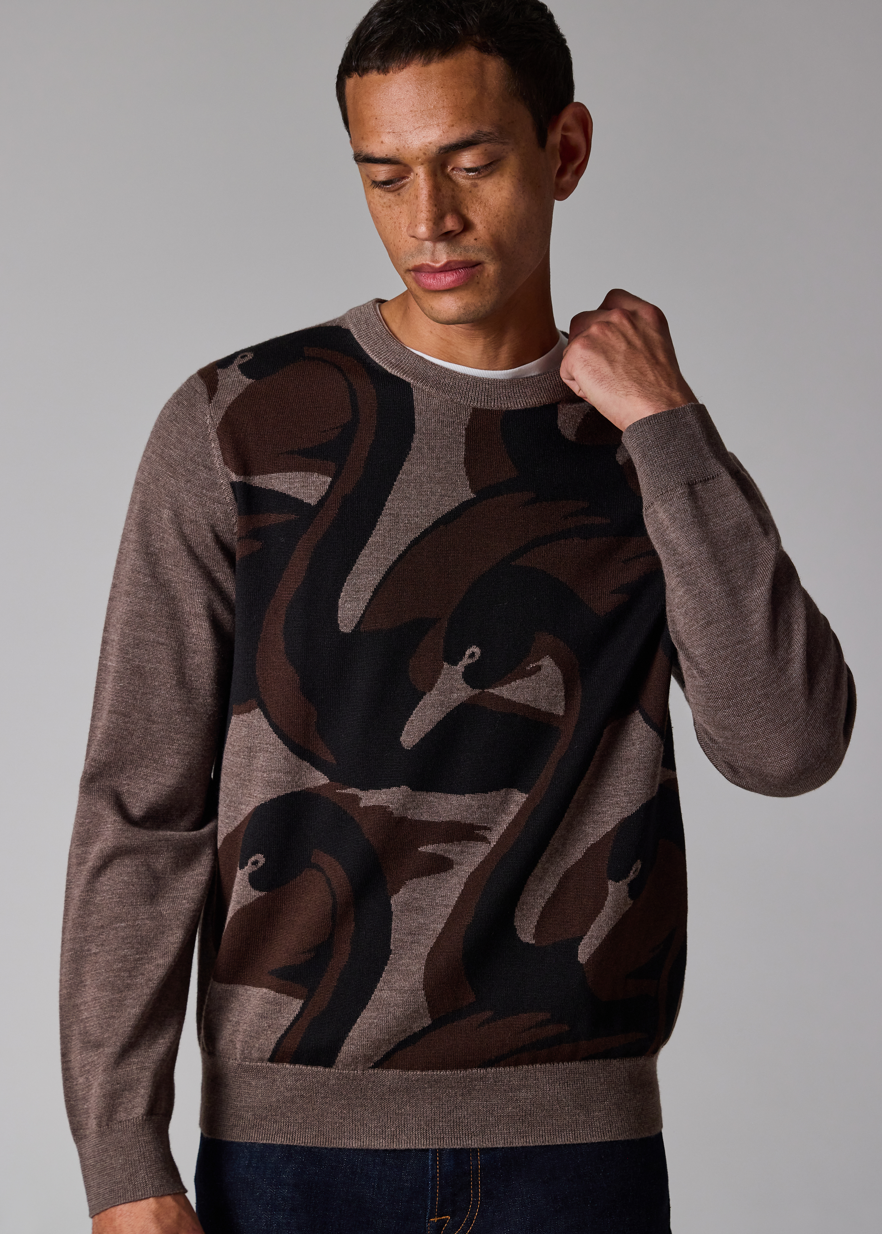Grey and Brown Merino-Silk 'Swan' Sweater