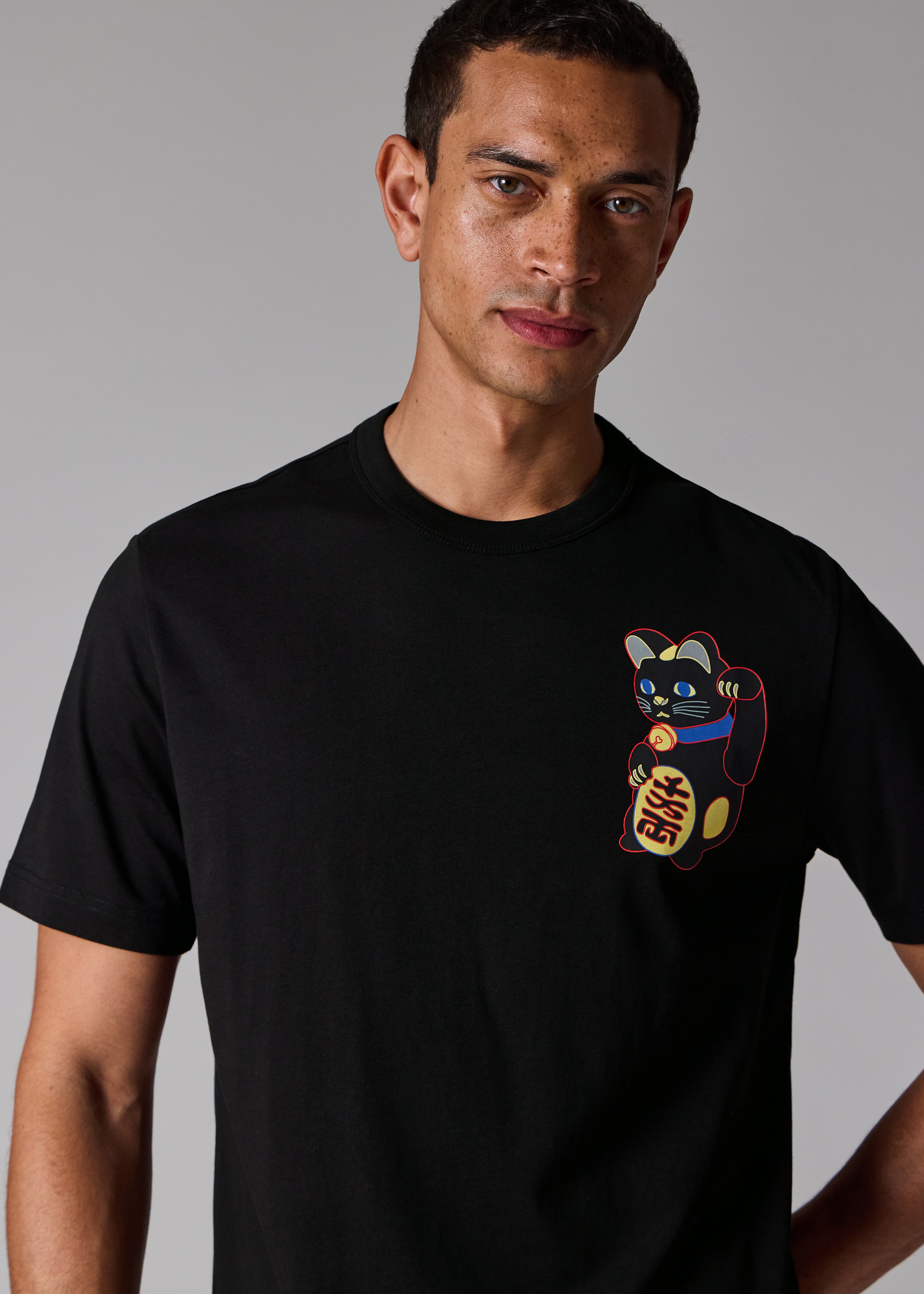 Black 'Lucky Cat' Print T-Shirt