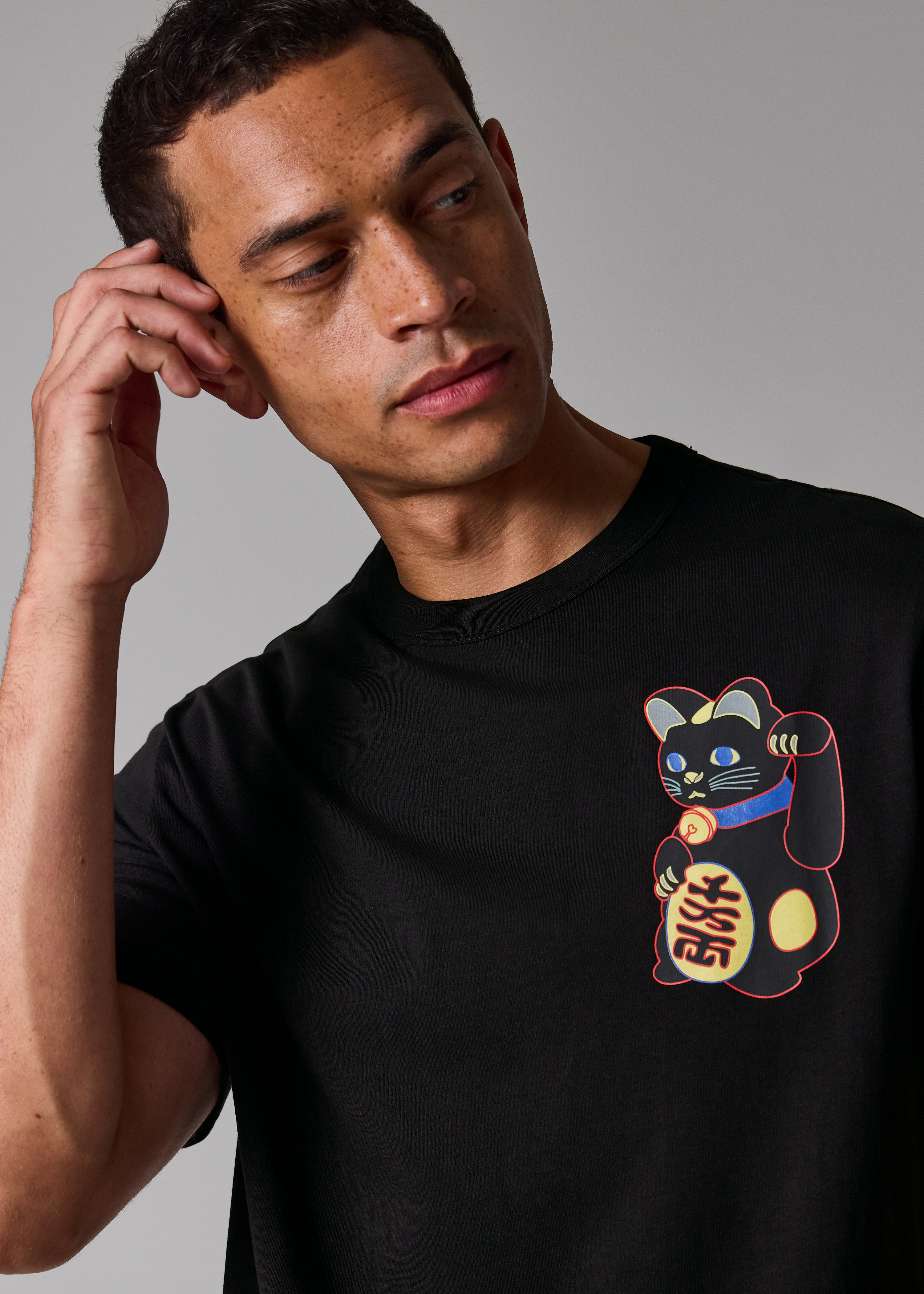 Black 'Lucky Cat' Print T-Shirt