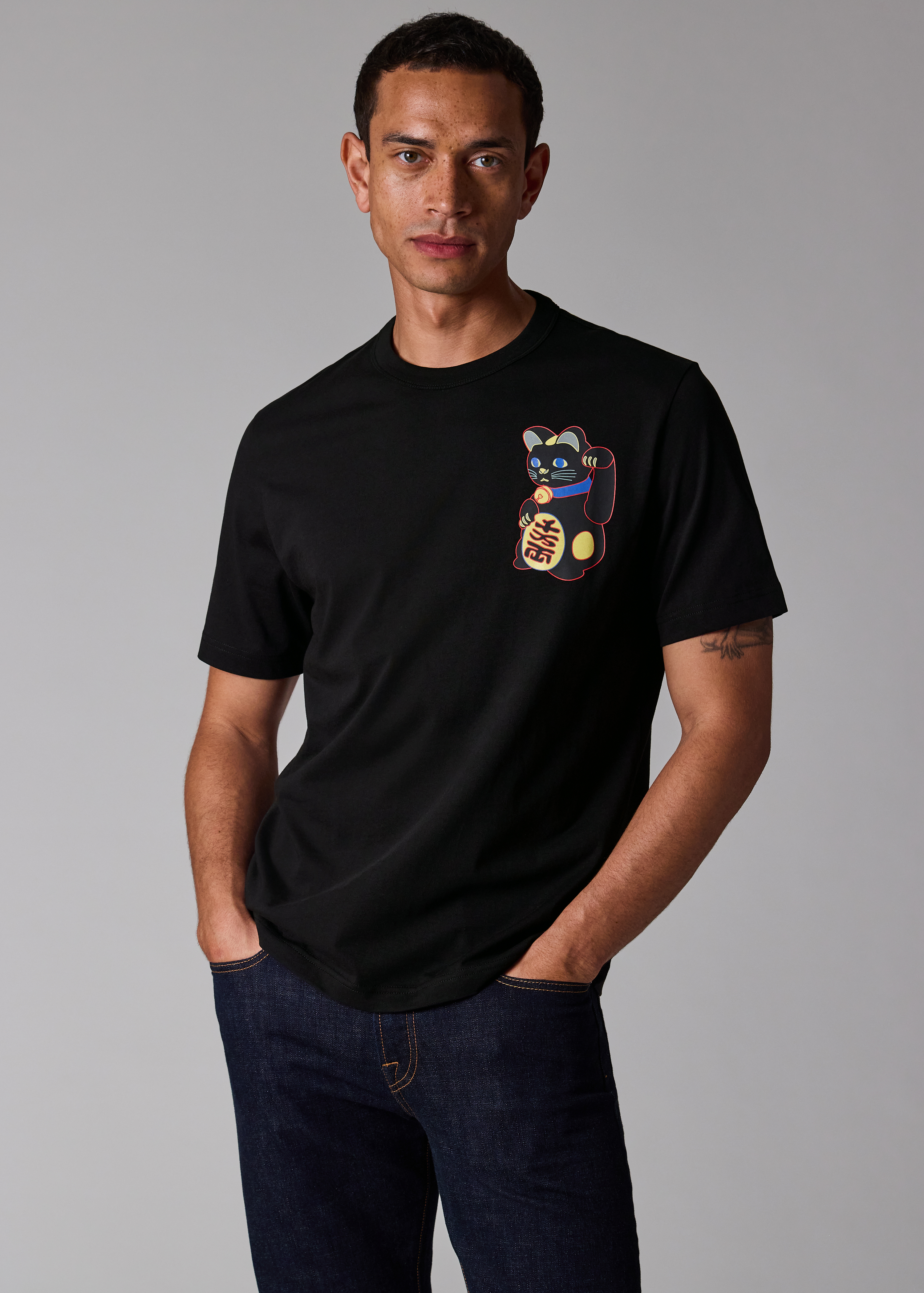 Black 'Lucky Cat' Print T-Shirt