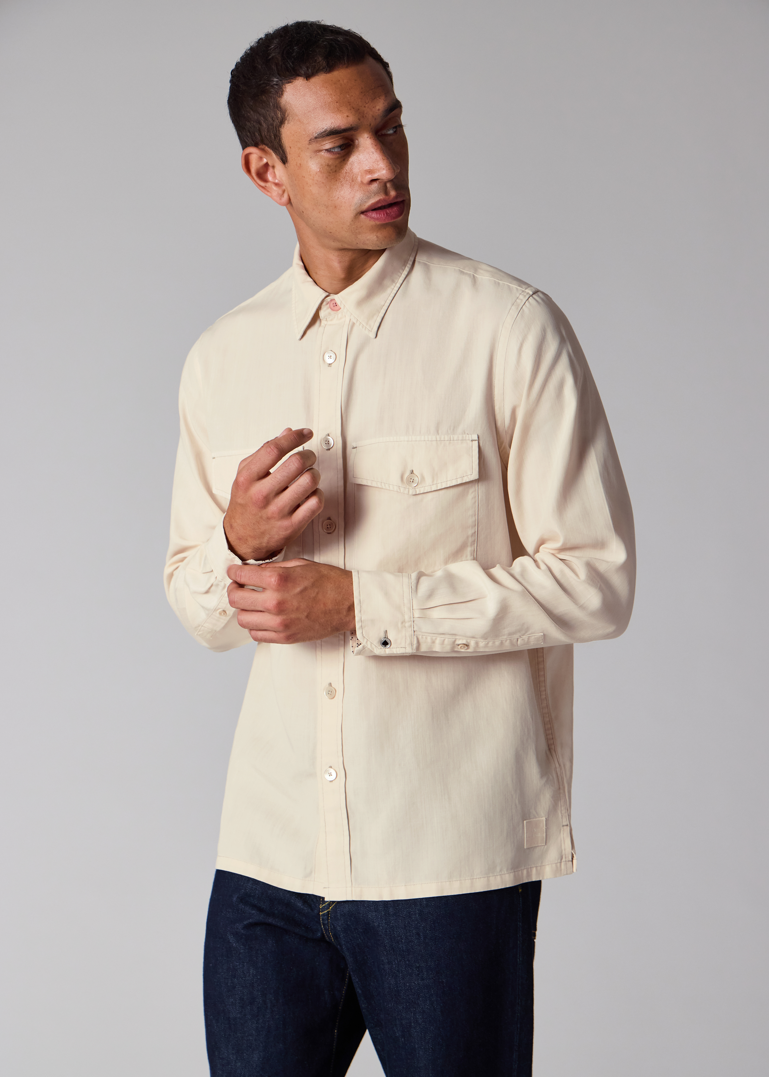 Ecru Lyocell-Cotton Patch-Pocket Shirt