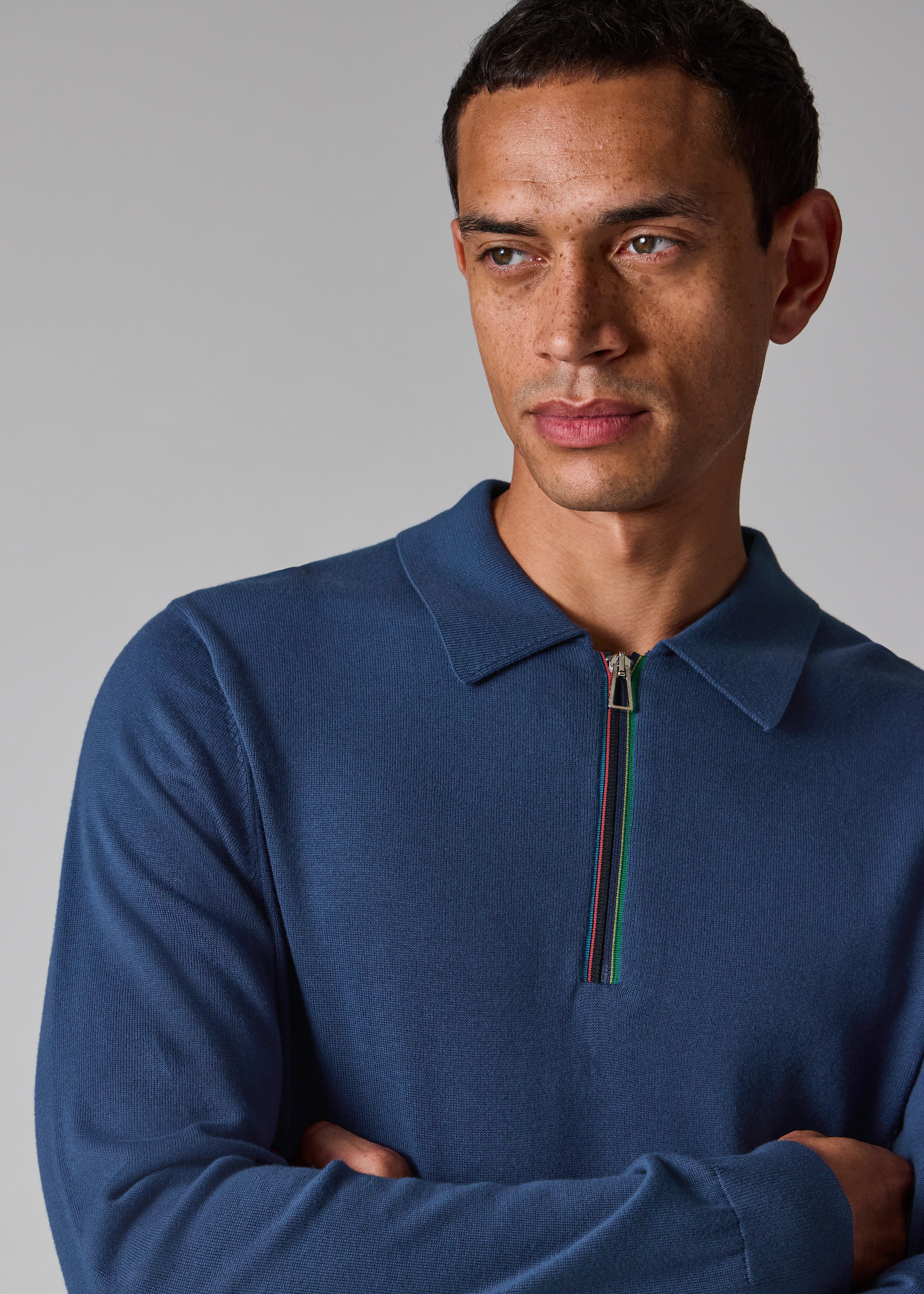 Mid Blue 'Sports Stripe' Zip-Neck Long-Sleeve Polo Shirt