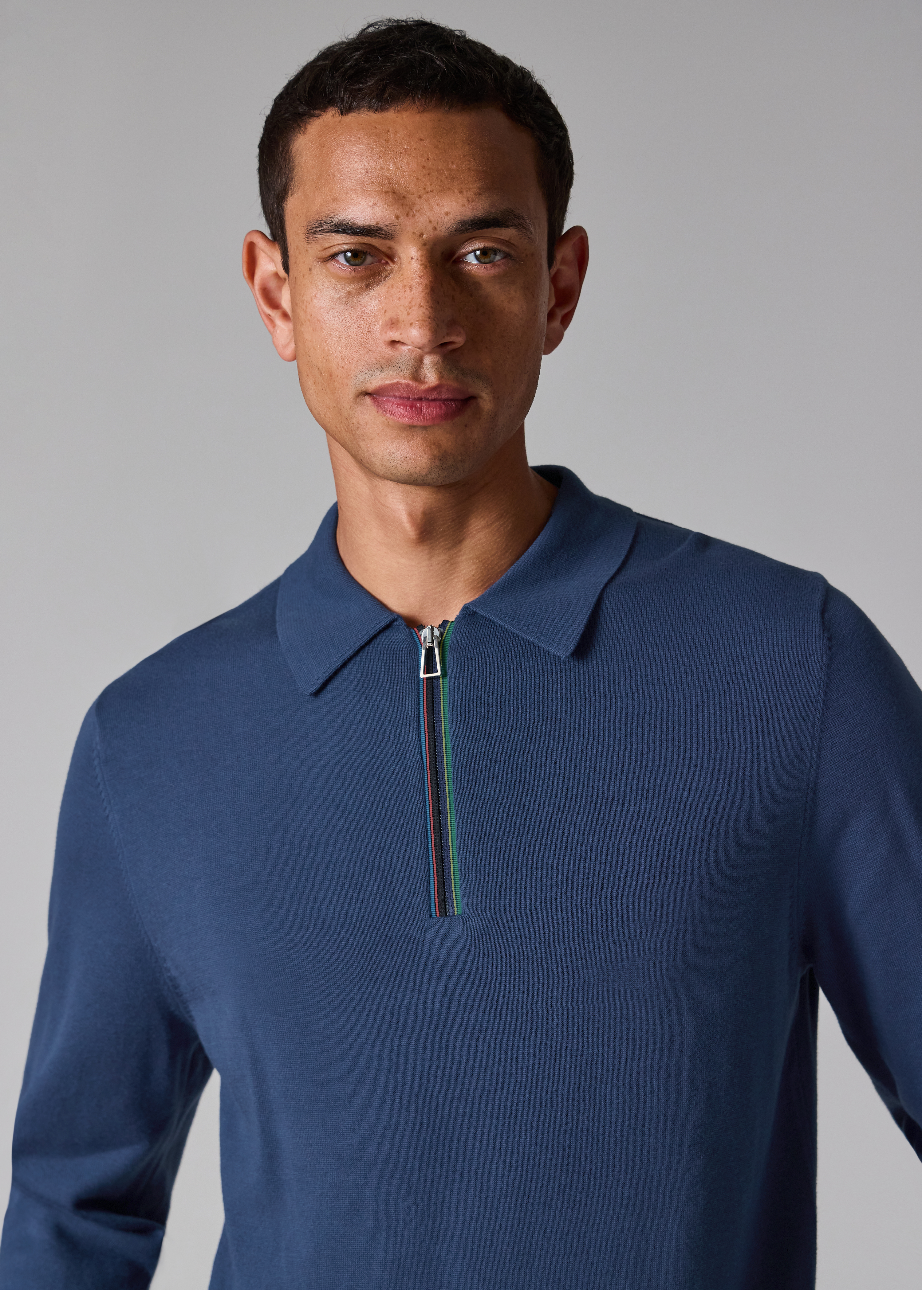Mid Blue 'Sports Stripe' Zip-Neck Long-Sleeve Polo Shirt