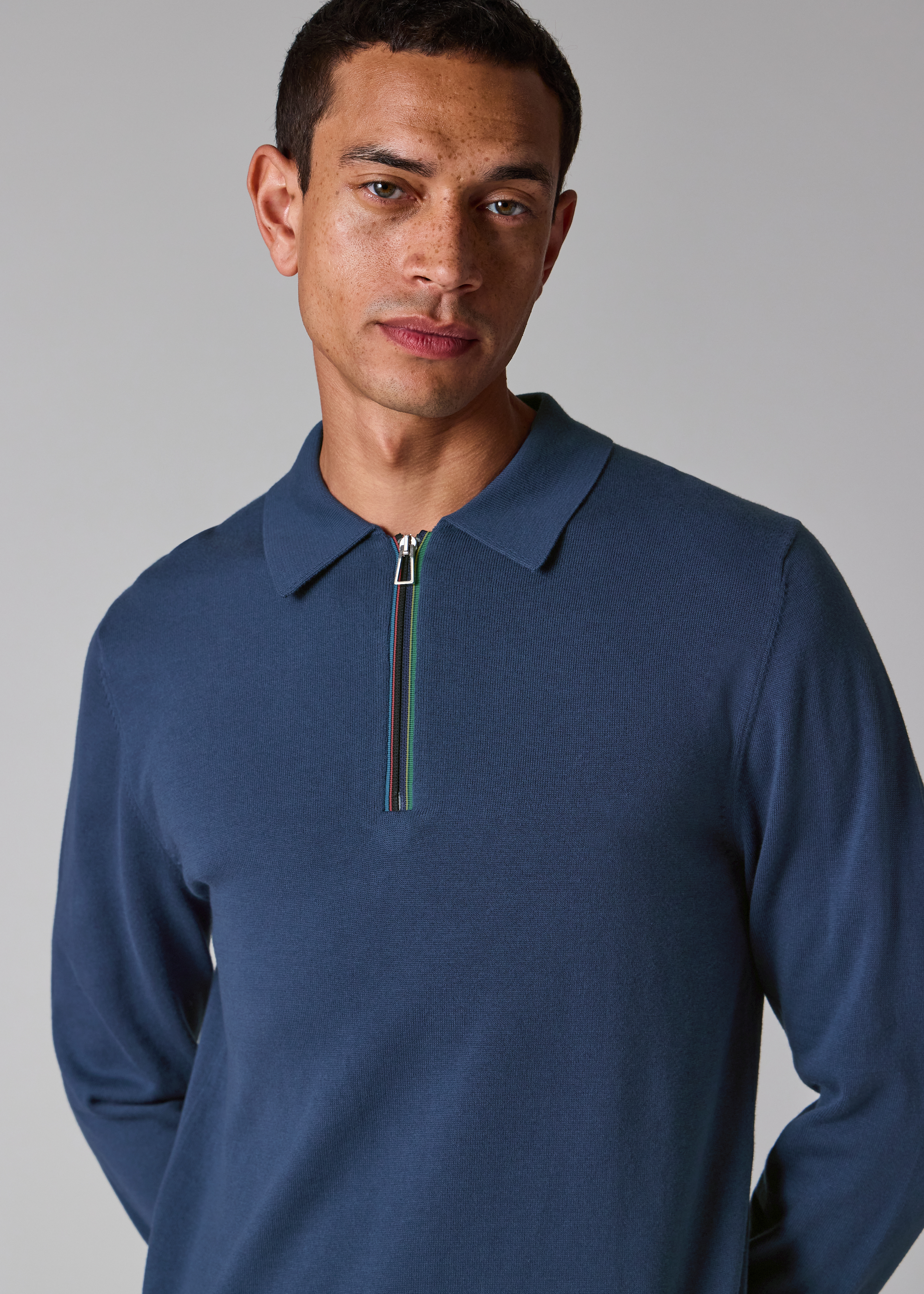 Mid Blue 'Sports Stripe' Zip-Neck Long-Sleeve Polo Shirt