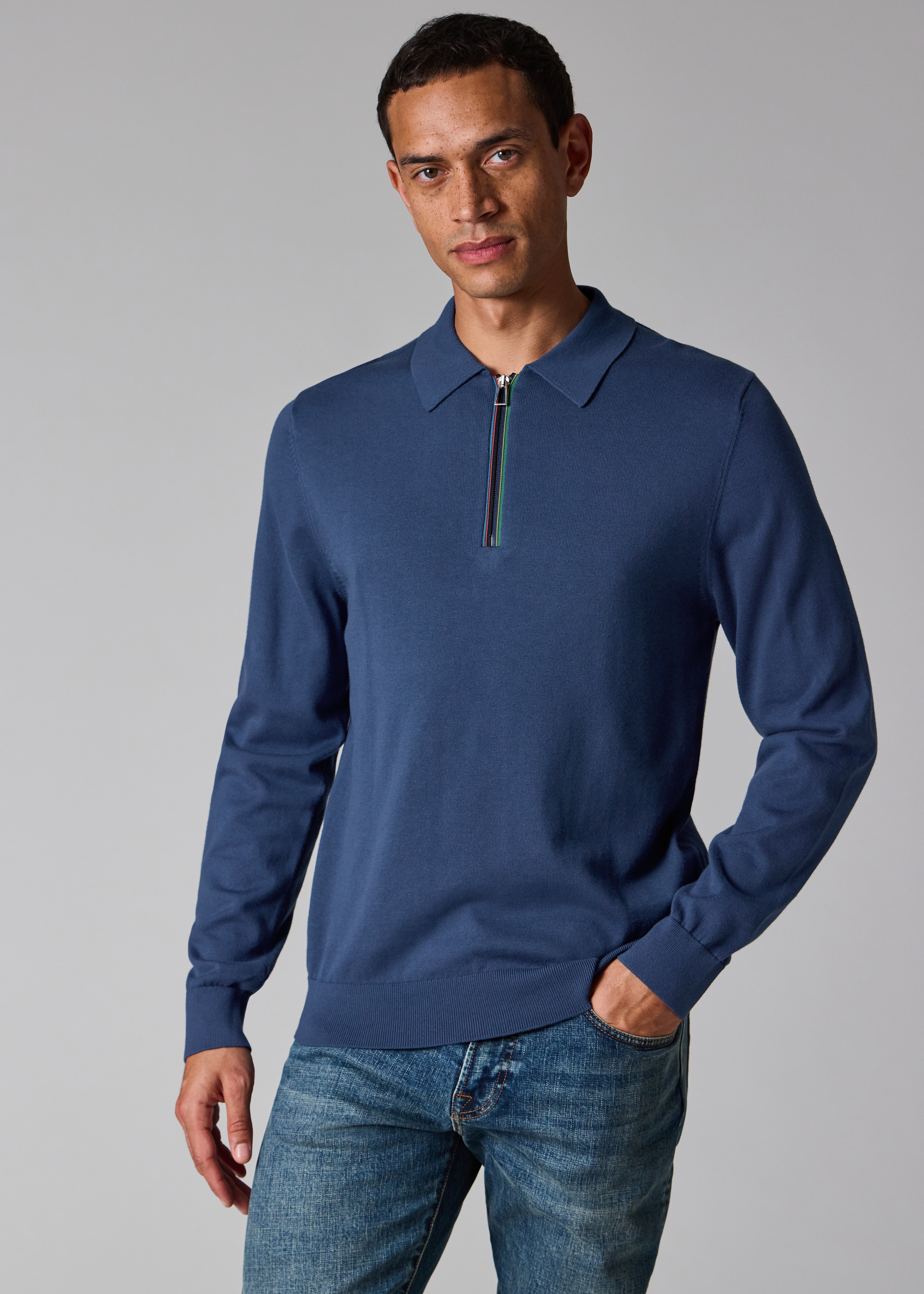 Mid Blue 'Sports Stripe' Zip-Neck Long-Sleeve Polo Shirt