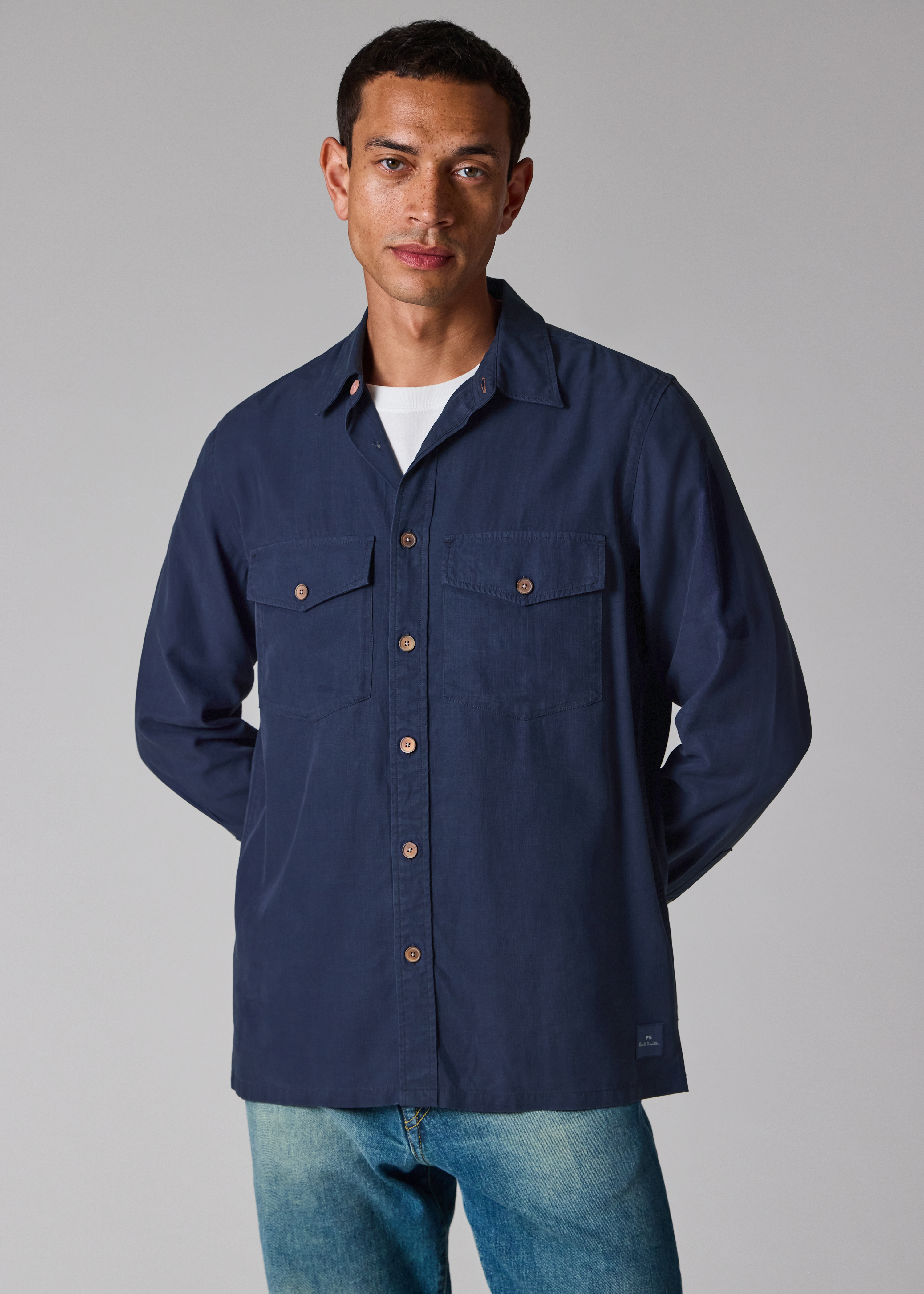 Navy Lyocell-Cotton Patch-Pocket Shirt