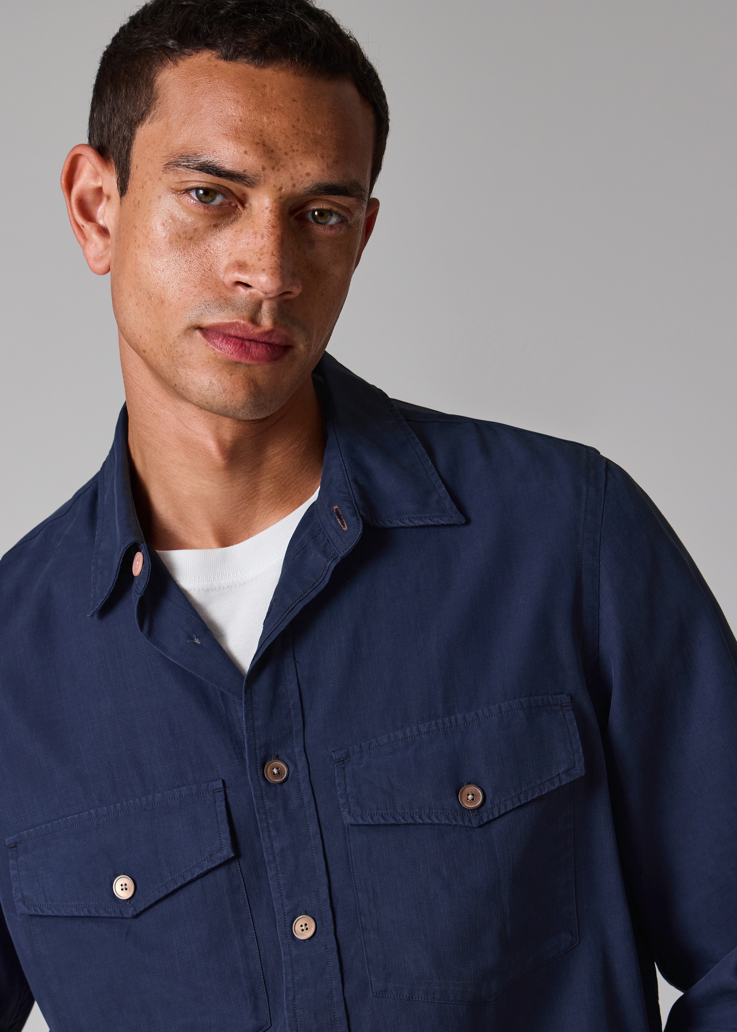 Navy Lyocell-Cotton Patch-Pocket Shirt