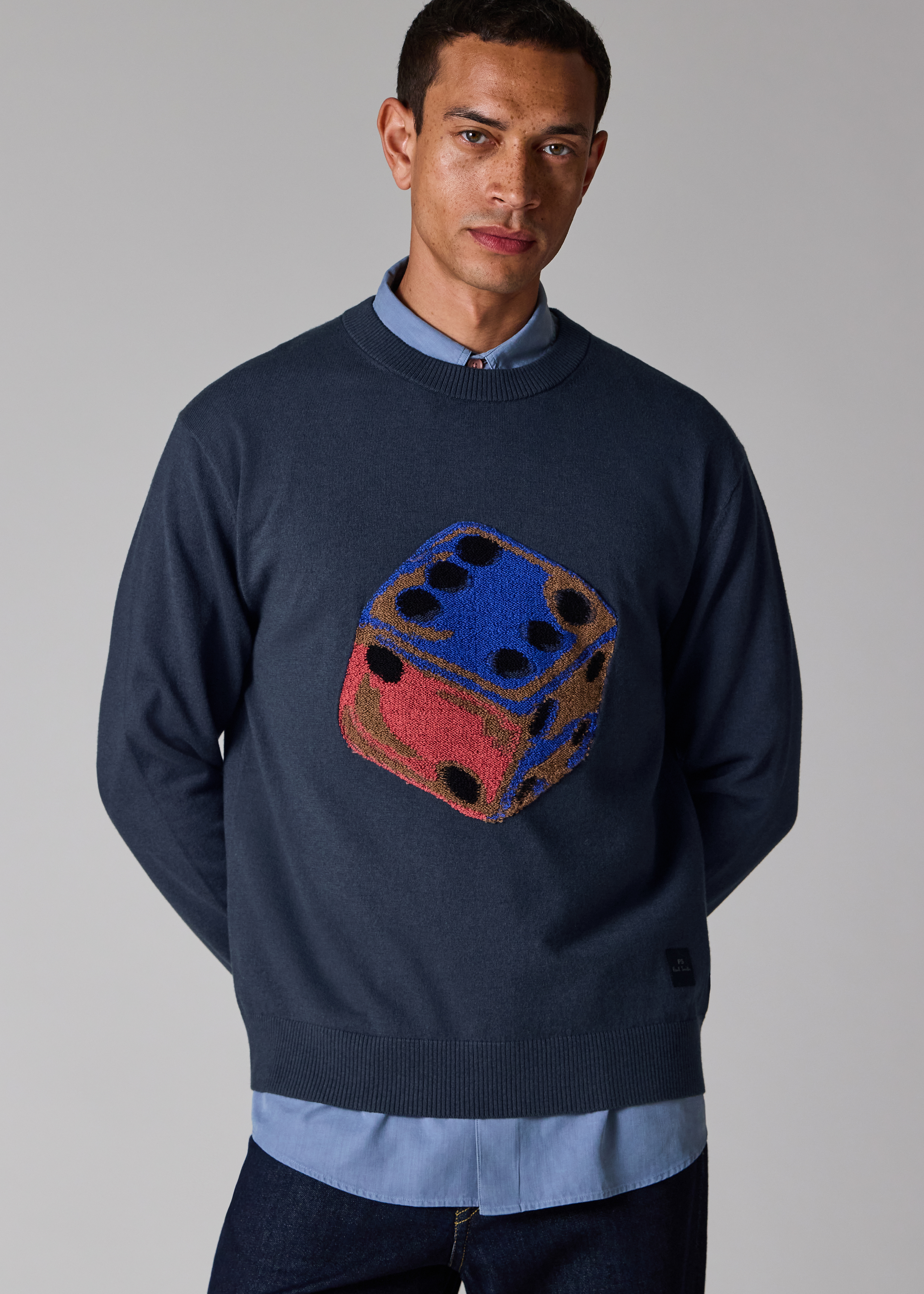 Navy 'Dice' Merino Wool-Blend Knitted Sweater
