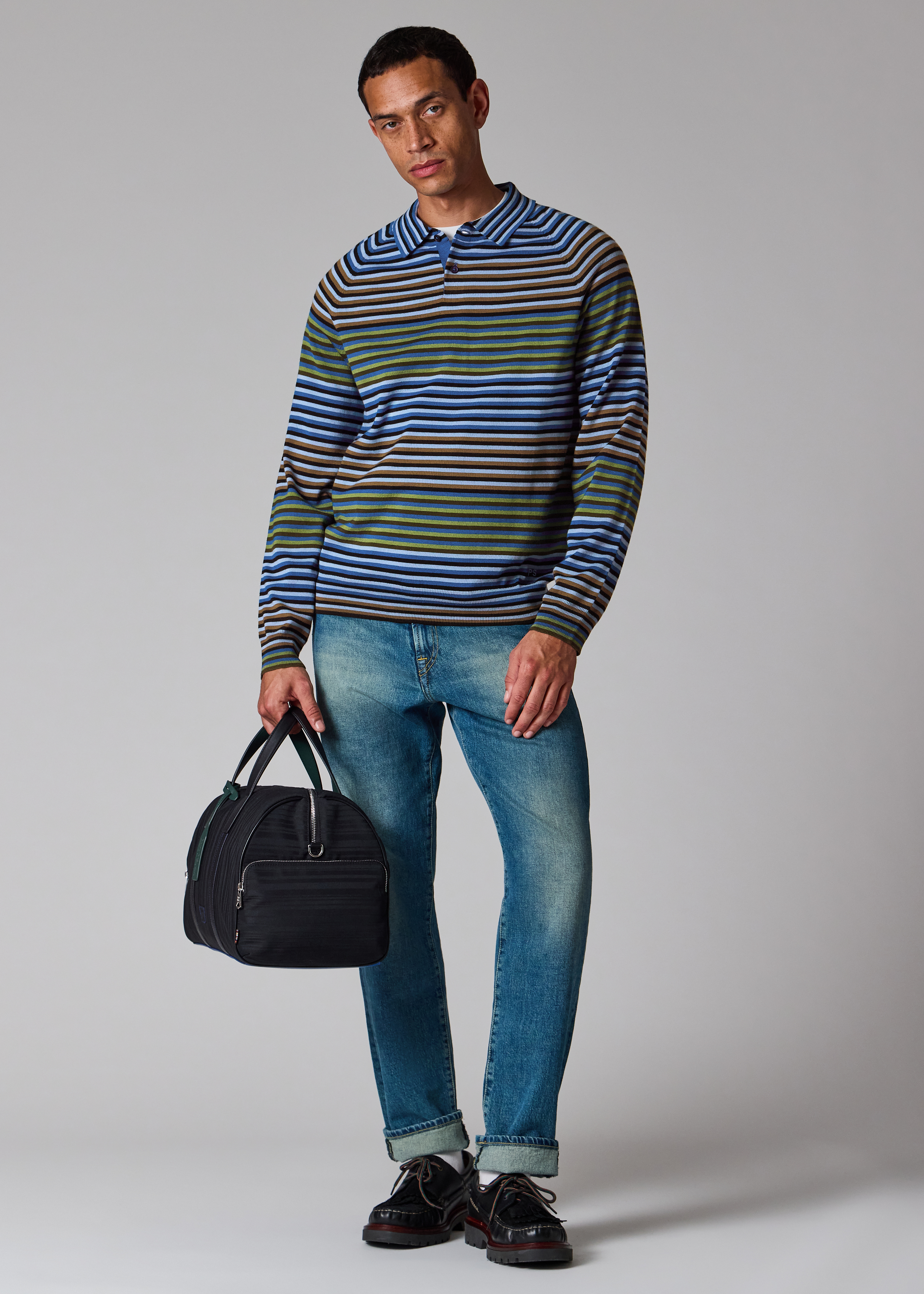 Blue and Green Stripe Merino Wool Polo Shirt